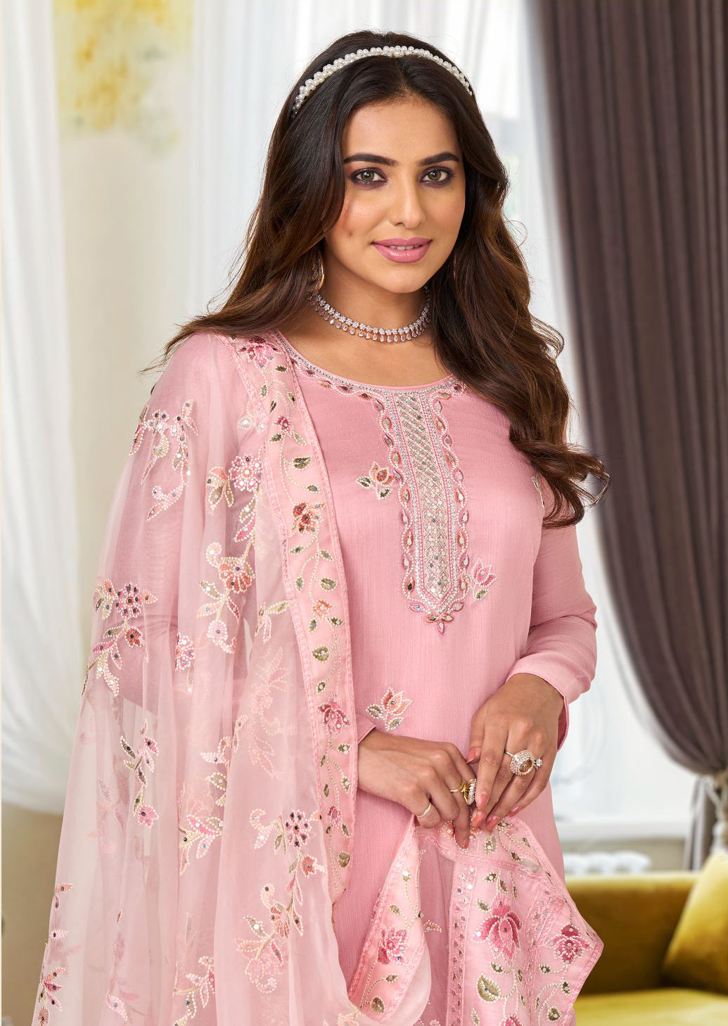 Elegant Pink Maheshwari Silk Salwar Suit with Heavy Embroidery for Weddings & Parties