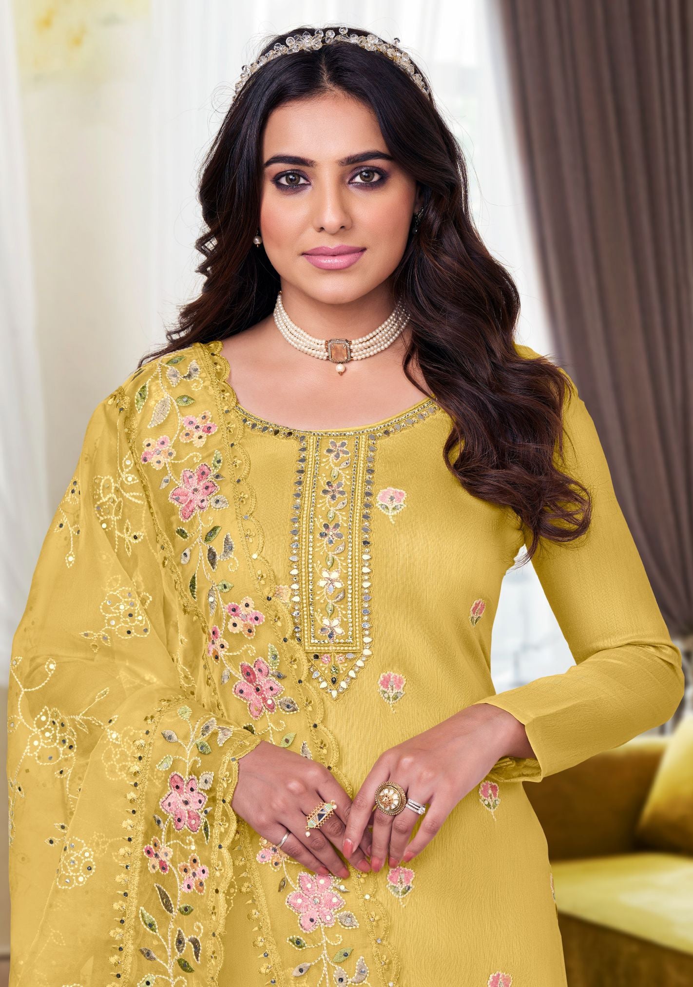 Elegant Yellow Maheshwari Silk Salwar Suit with Heavy Embroidery for Weddings & Parties