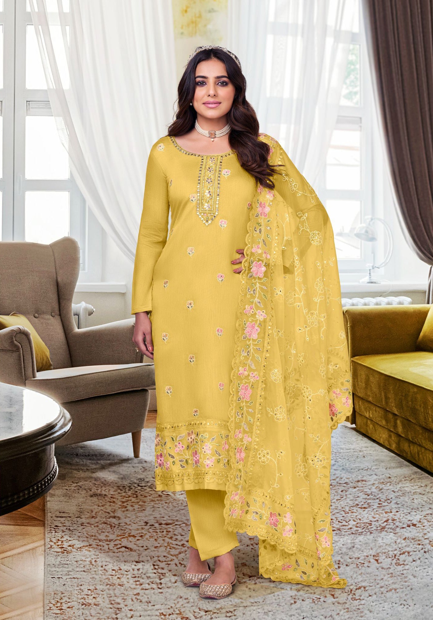 Elegant Yellow Maheshwari Silk Salwar Suit with Heavy Embroidery for Weddings & Parties