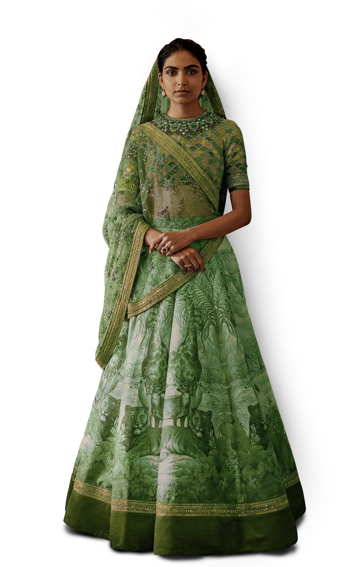 Enchanting Green Chennai Silk Lehenga Choli with Print, Stone, and Embroidery