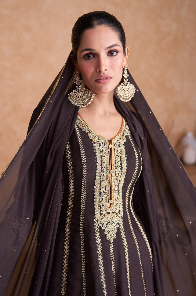 Elegant Brown Sharara Salwar Suit with Real Chinon and Exquisite Embroidery for Weddings & Parties