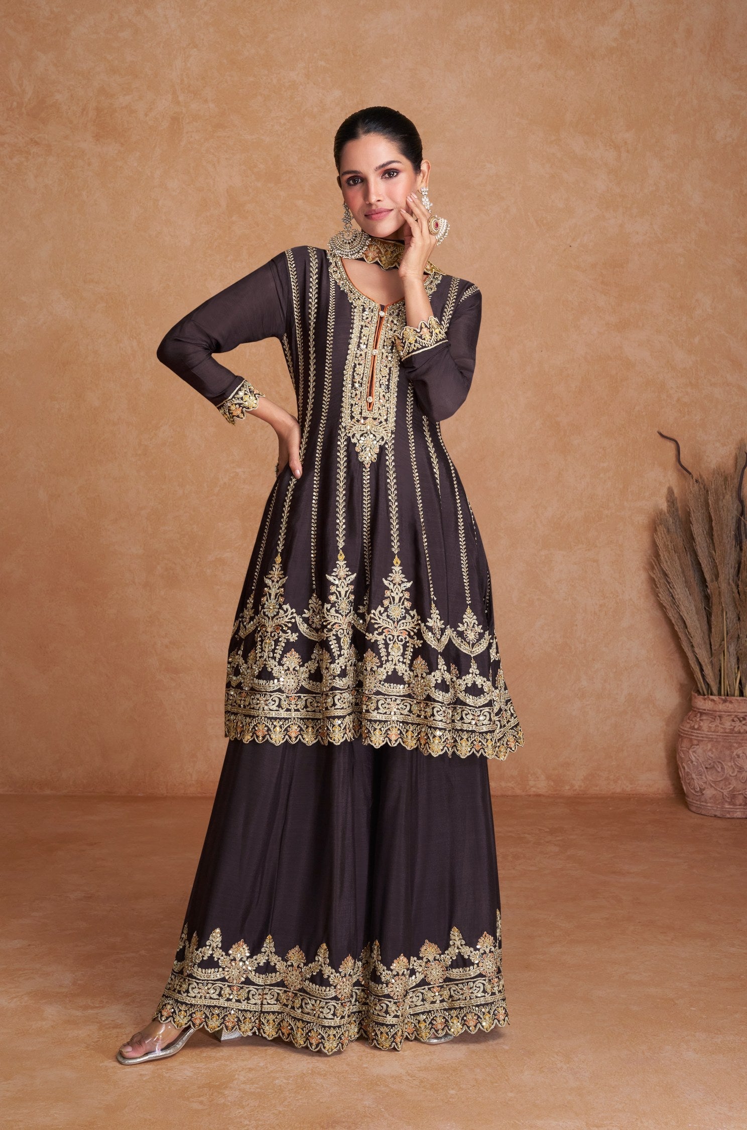 Elegant Brown Sharara Salwar Suit with Real Chinon and Exquisite Embroidery for Weddings & Parties