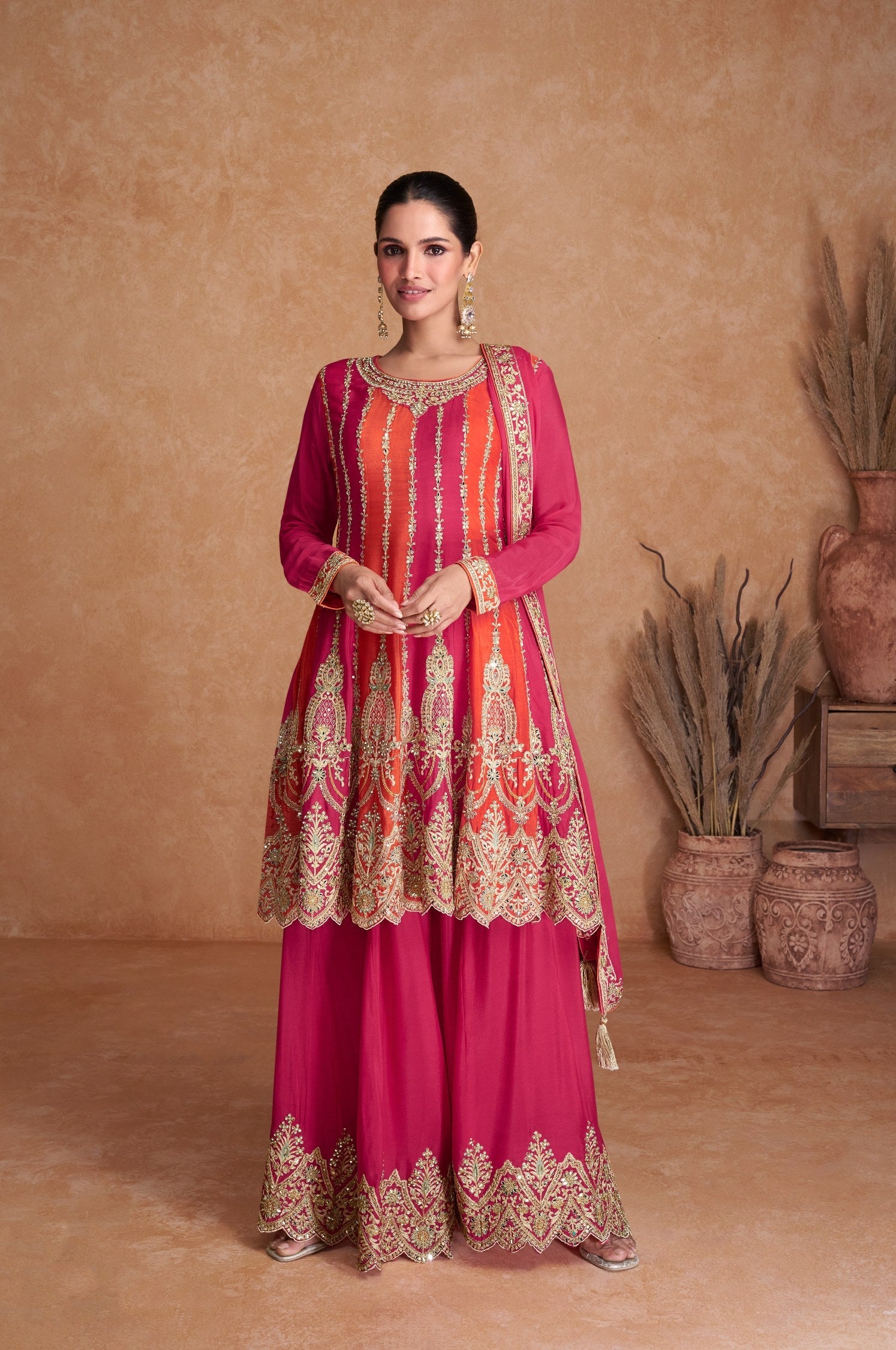 Elegant Pink Sharara Salwar Suit: Real Chinon, Front & Back Embroidery - Perfect for Weddings & Parties