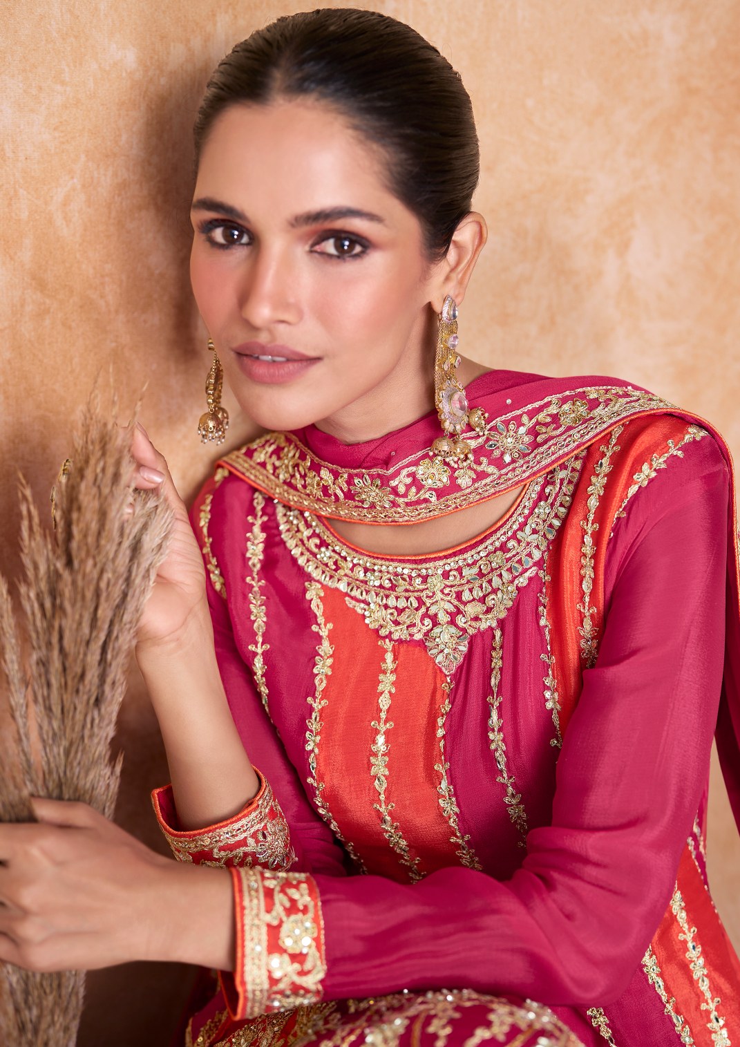 Elegant Pink Sharara Salwar Suit: Real Chinon, Front & Back Embroidery - Perfect for Weddings & Parties