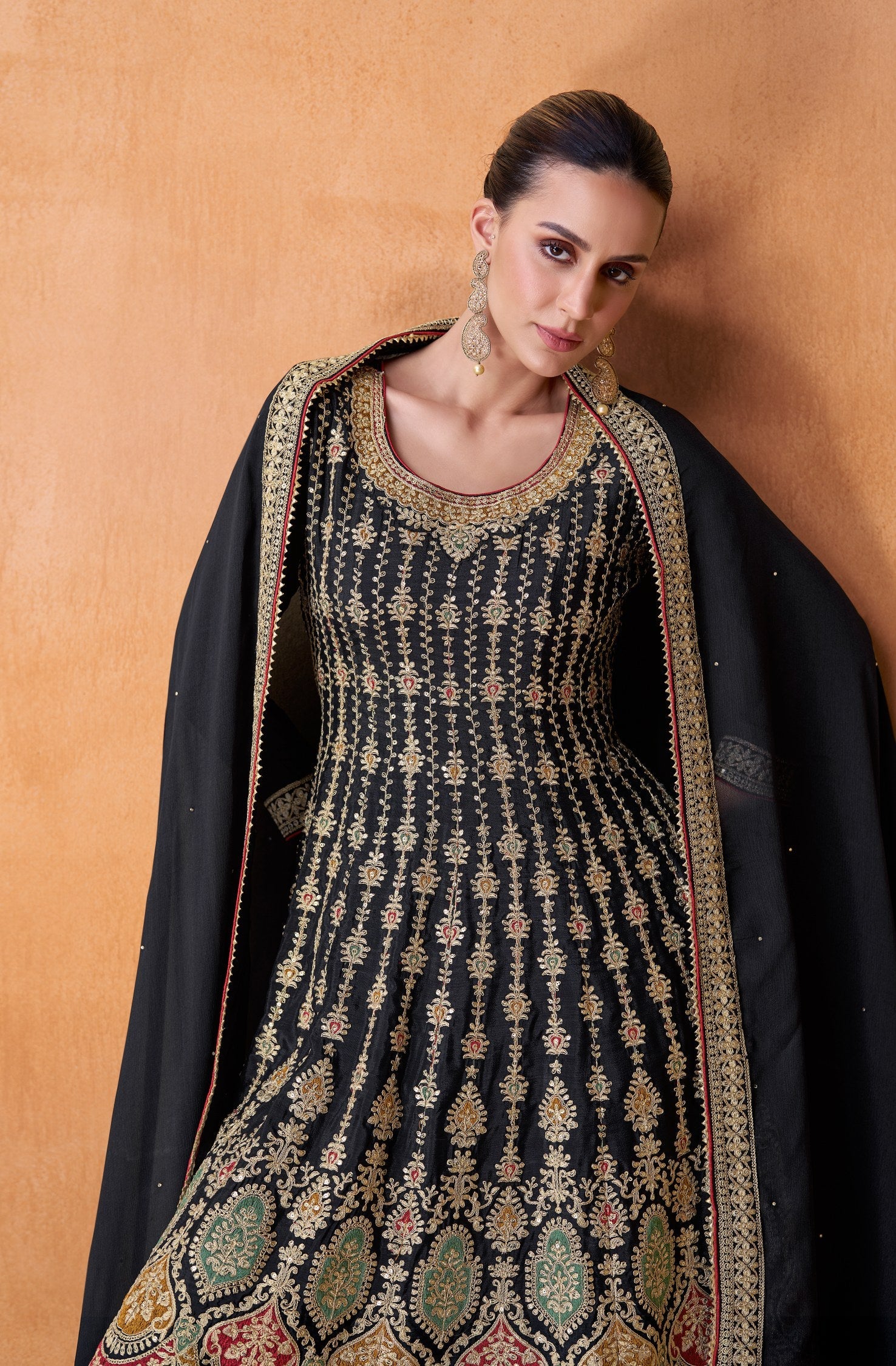 Elegance in Black: Real Chinon Embroidered Sharara Salwar Suit for Weddings & Parties