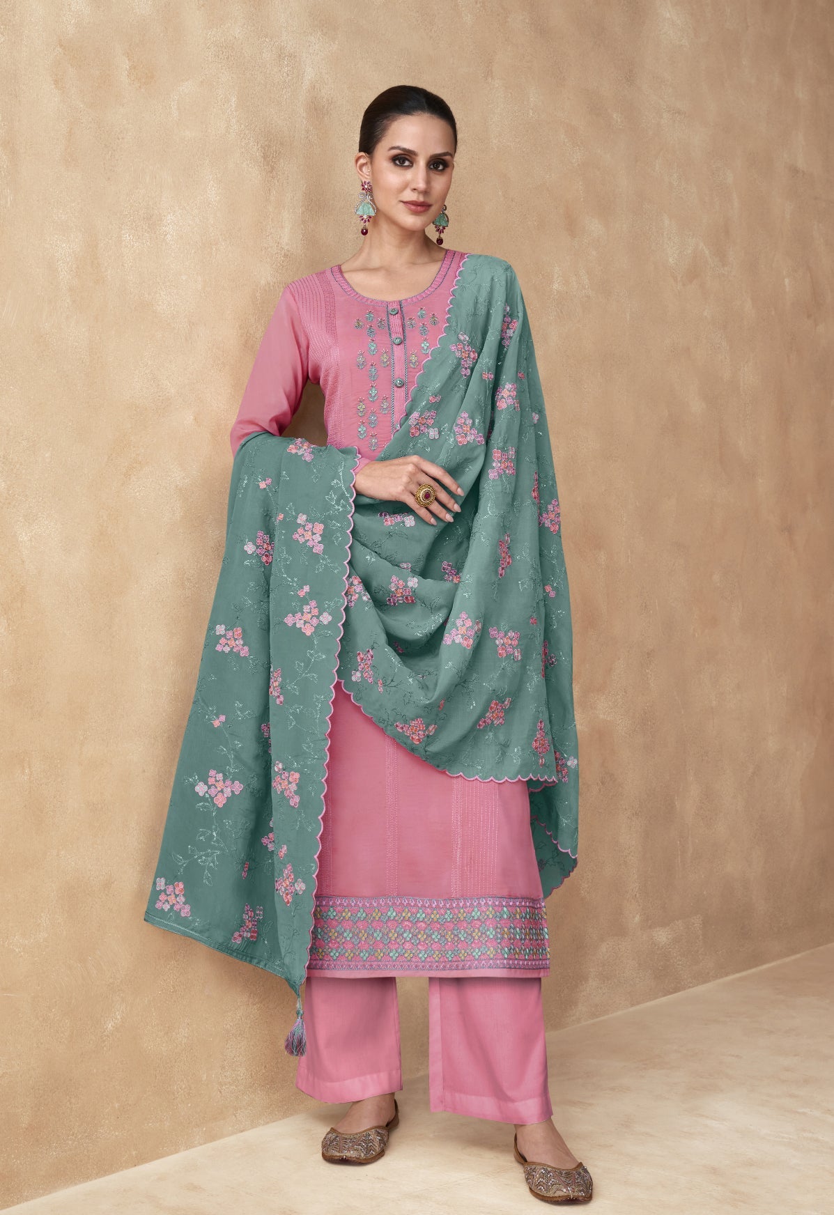 Elegant Pink Real Chinon & Georgette Salwar Suit for Weddings & Parties