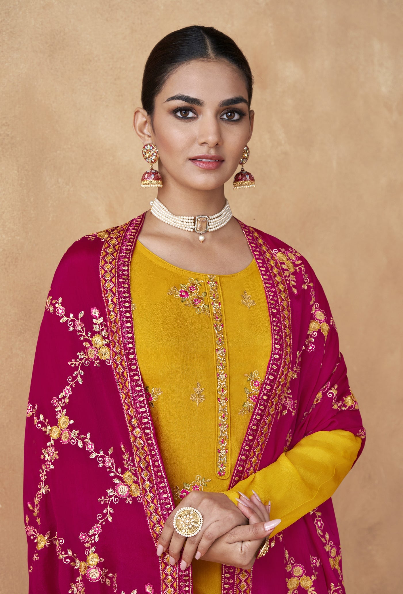 Elegant Yellow Salwar Suit in Real Chinon & Georgette for Wedding and Parties