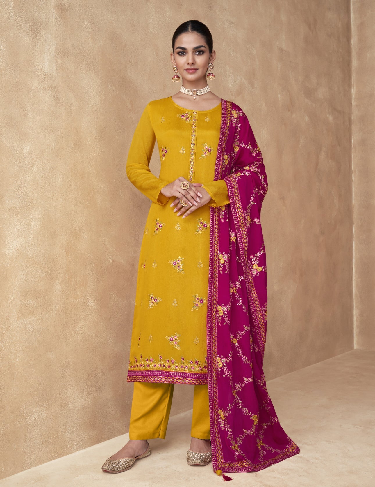 Elegant Yellow Salwar Suit in Real Chinon & Georgette for Wedding and Parties