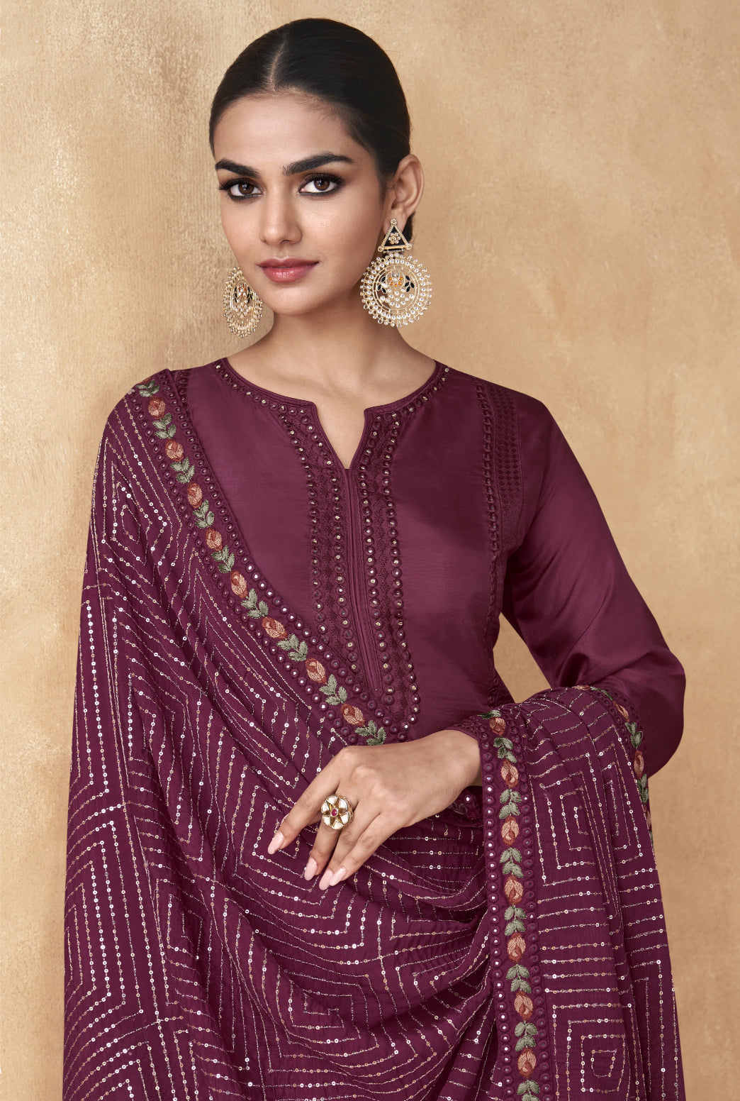 Elegant Purple Real Chinon & Georgette Salwar Suit for Wedding & Party