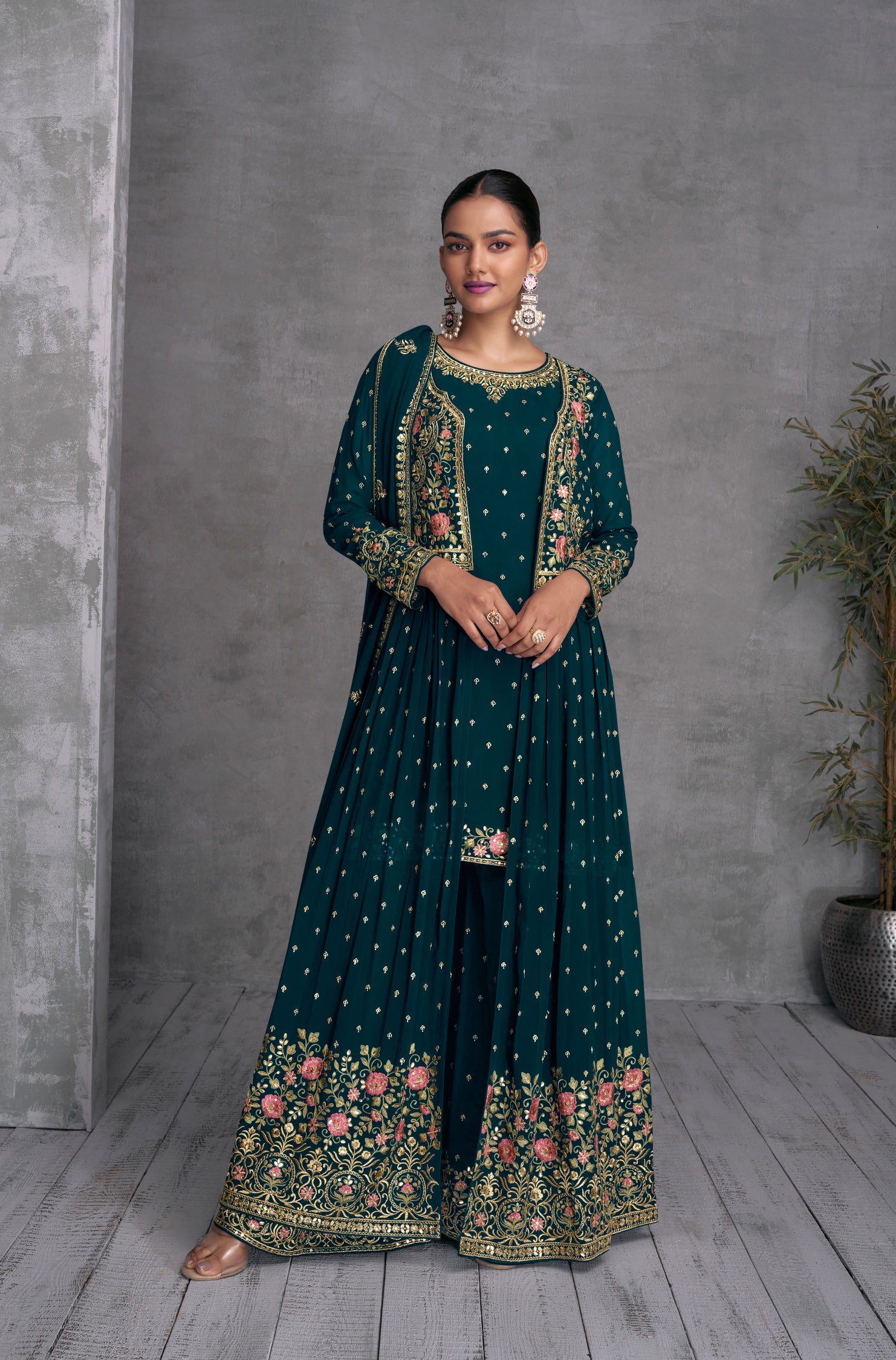 Elegant Green Georgette Gown with Exquisite Embroidery for Weddings and Parties