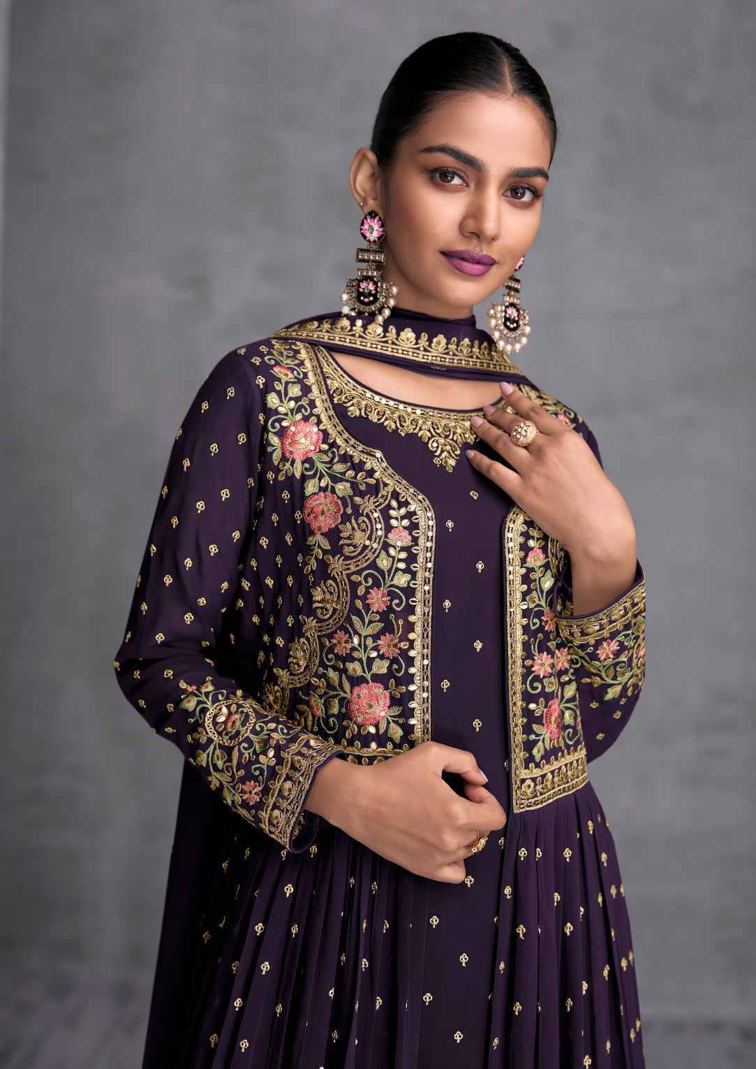 Elegant Purple Georgette Gown with Exquisite Embroidery for Weddings and Parties