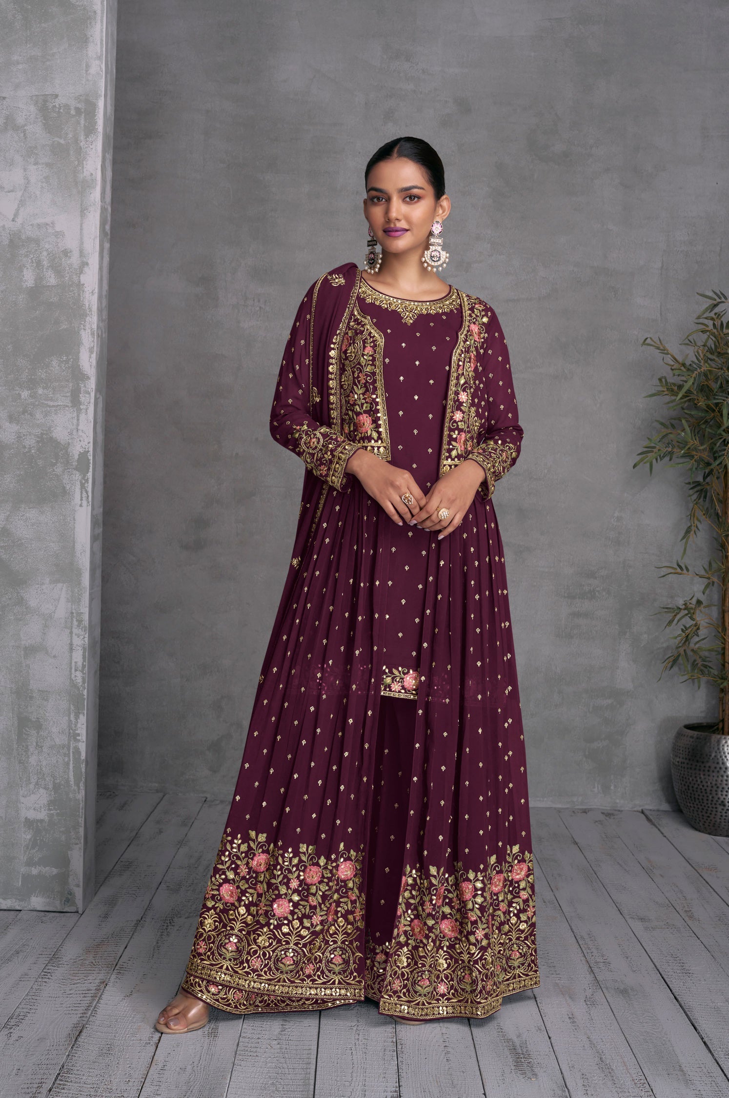 Elegant Brown Georgette Gown with Exquisite Embroidery for Weddings and Parties