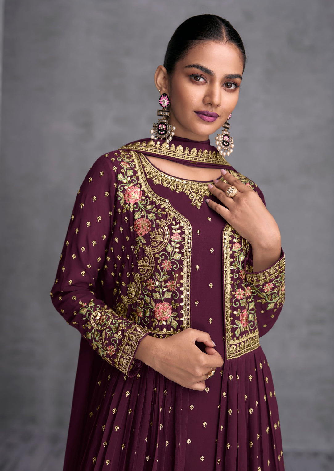 Elegant Brown Georgette Gown with Exquisite Embroidery for Weddings and Parties