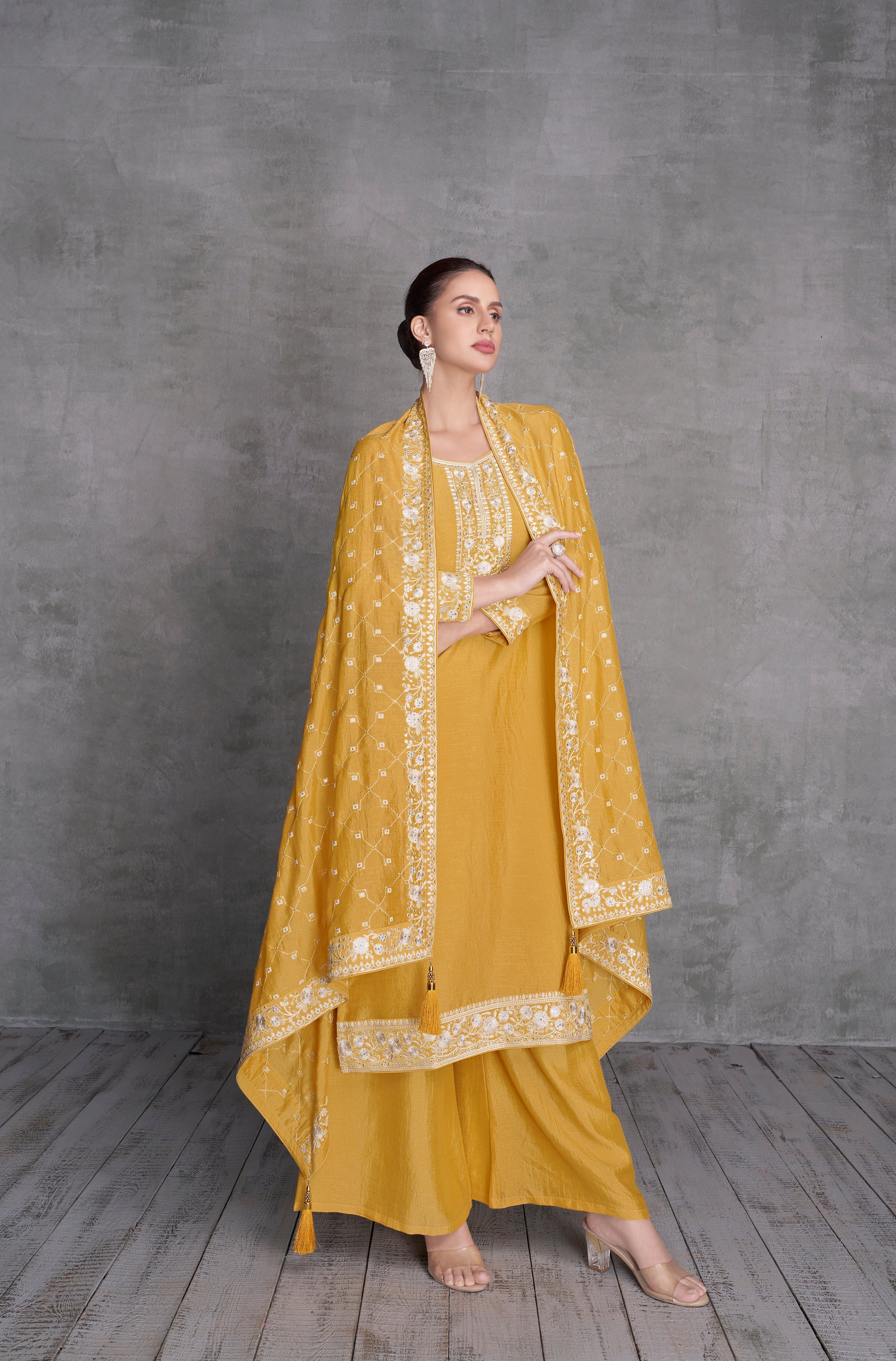 Elegant Yellow Silk Sharara Salwar Suit for Weddings and Parties