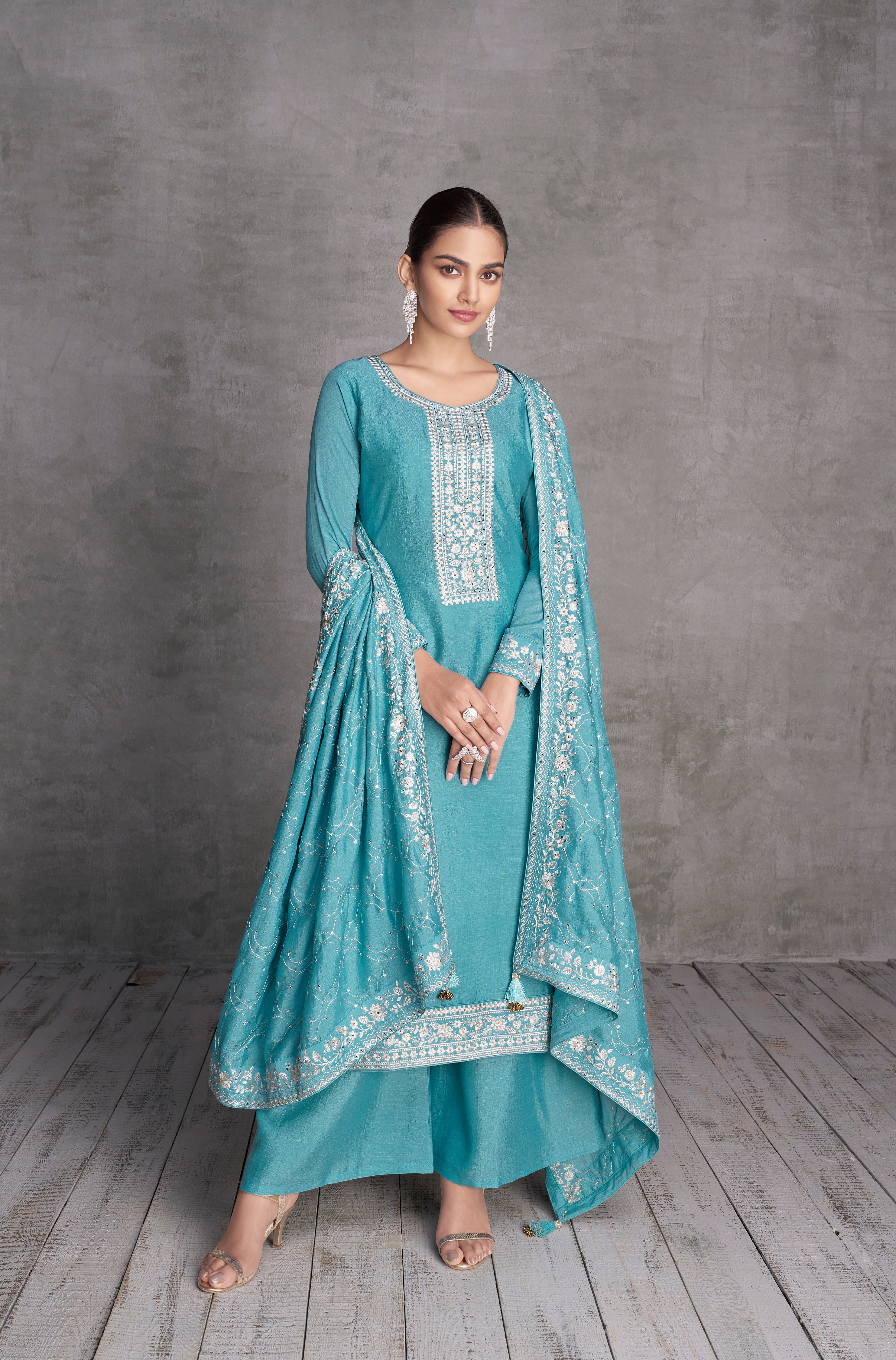 Elegant Blue Silk Sharara Salwar Suit for Weddings and Parties