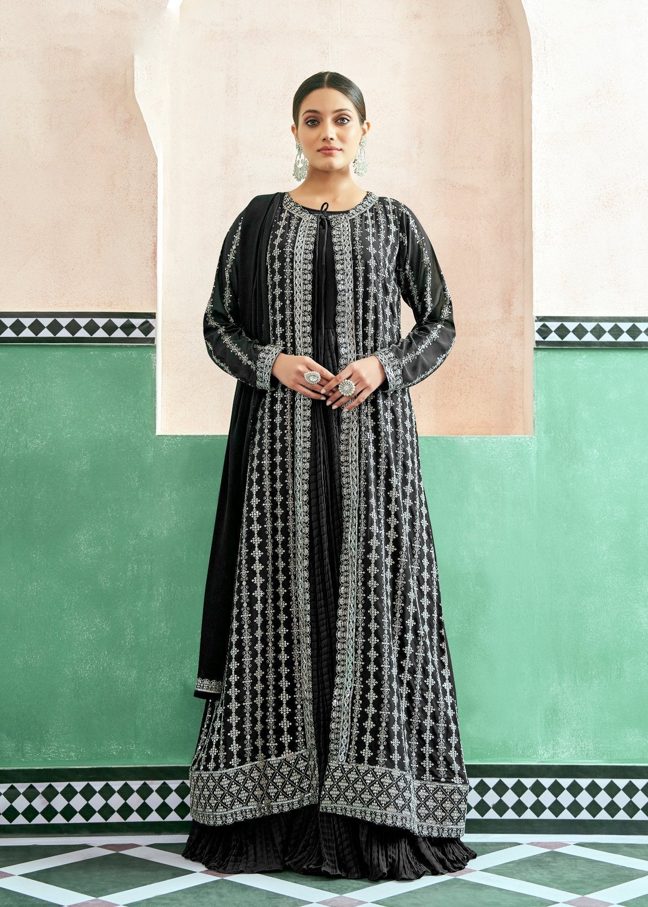 Elegant Black Georgette Anarkali Gown with Embroidered Jacket for Weddings and Parties