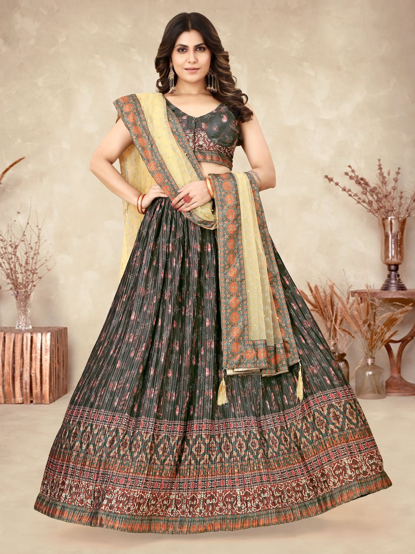 Elegant Black Crushed Lehenga Choli with Digital Print and Patch Border