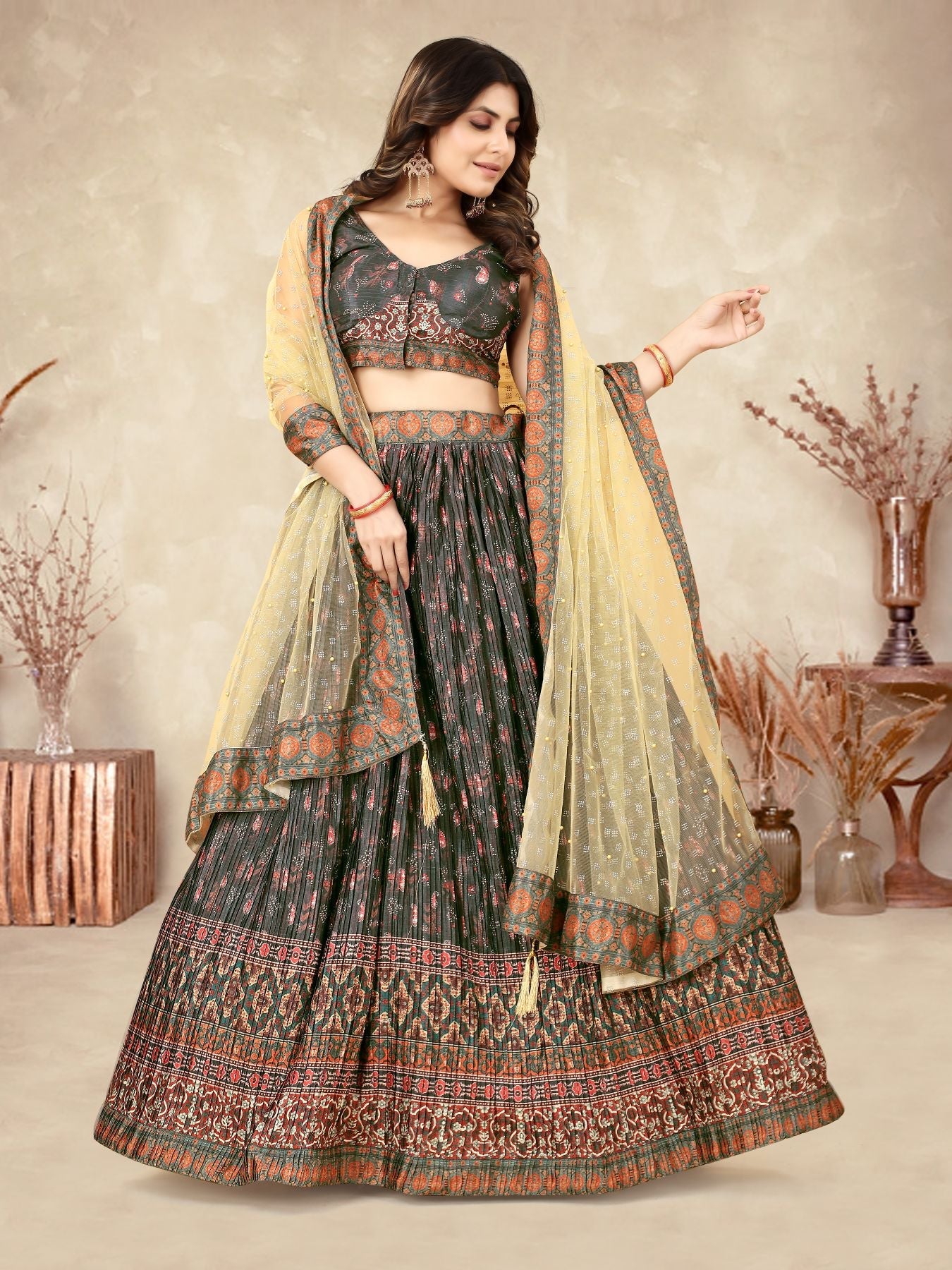 Elegant Black Crushed Lehenga Choli with Digital Print and Patch Border