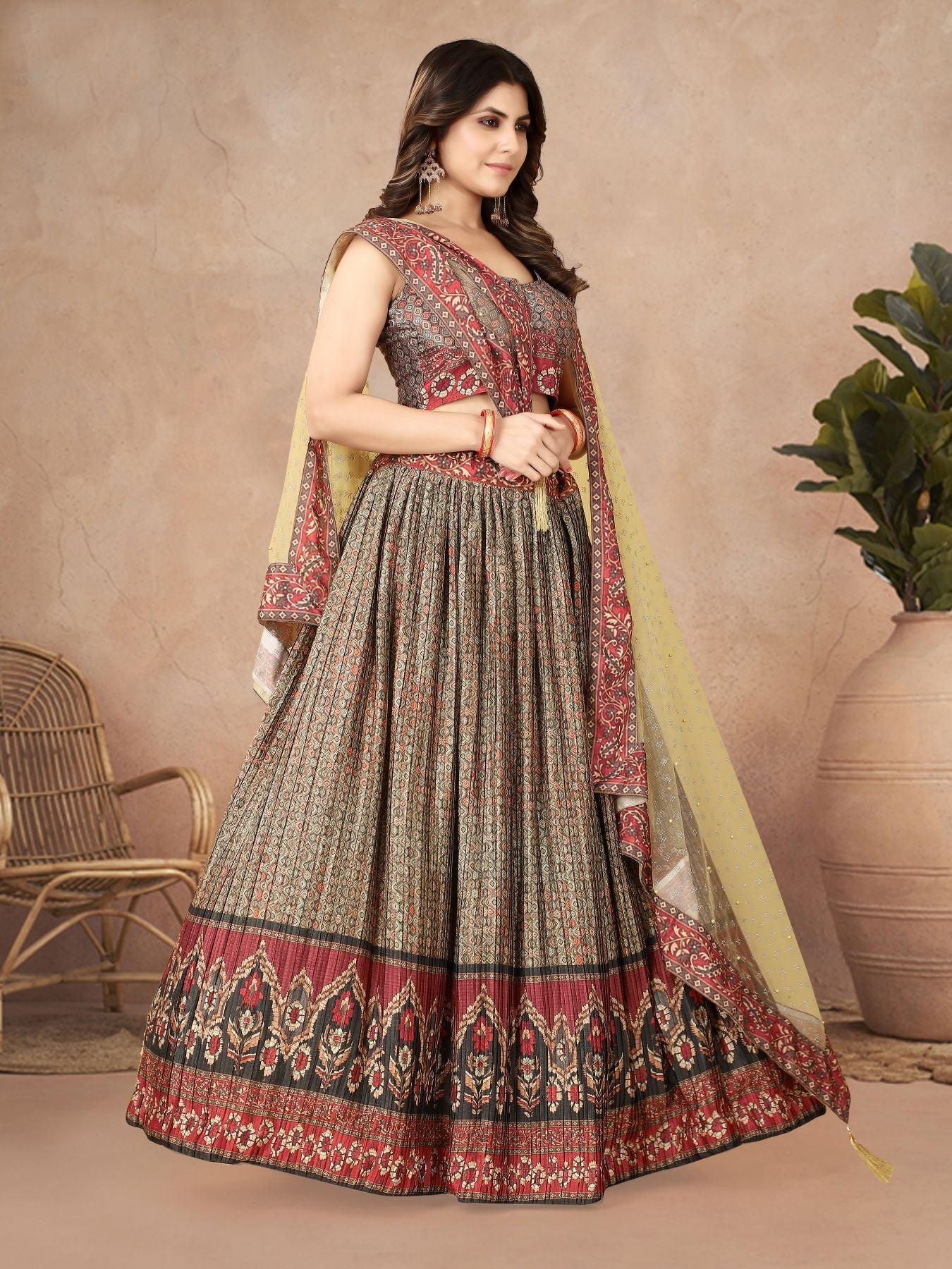 Exquisite Wood-Crushed Lehenga Choli: Digital Print and Latakan Embellishments for Party & Wedding Wear