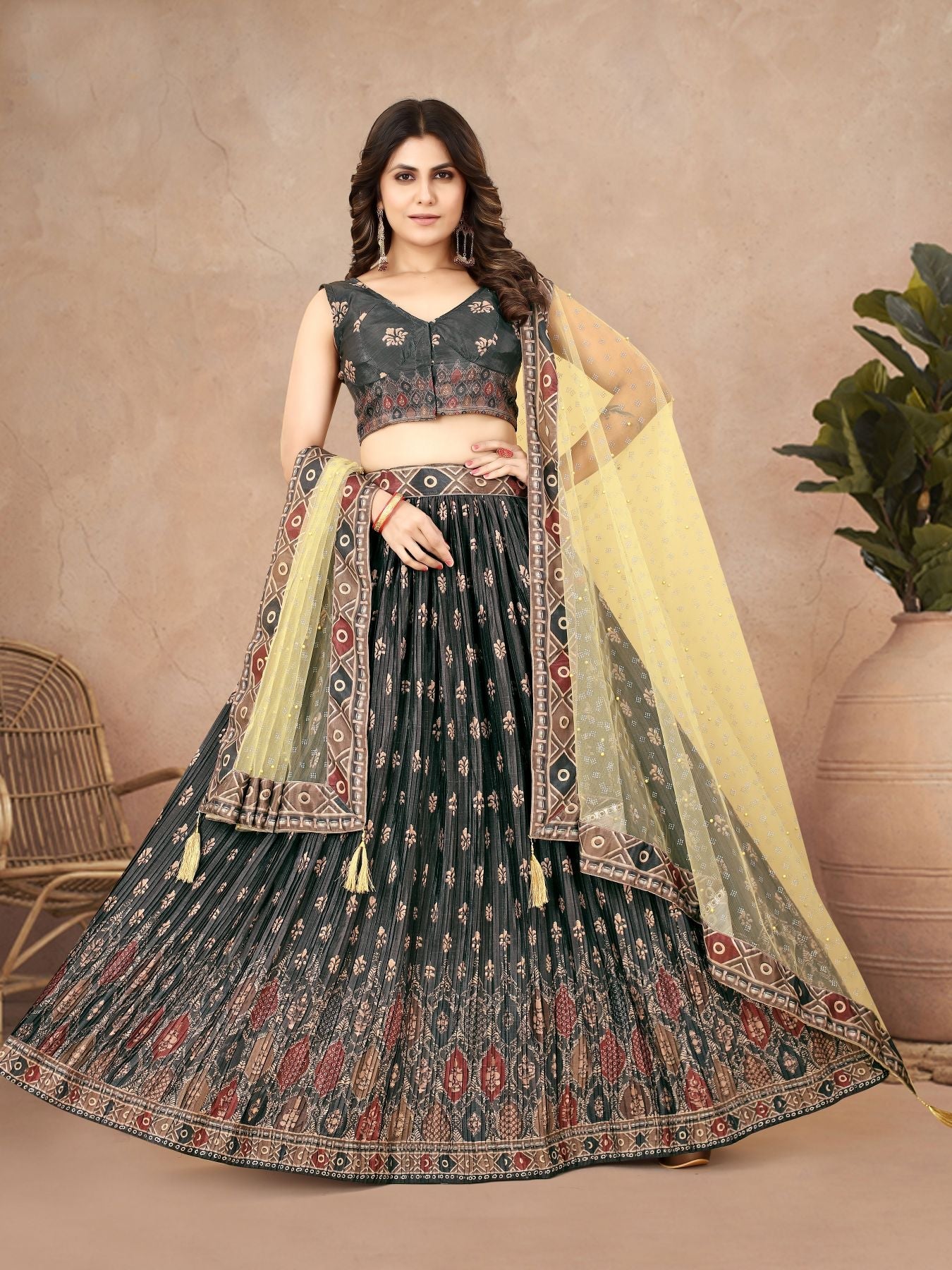 Stunning Black & Yellow Crushed Lehenga Choli with Digital Print and Latakan Embellishments