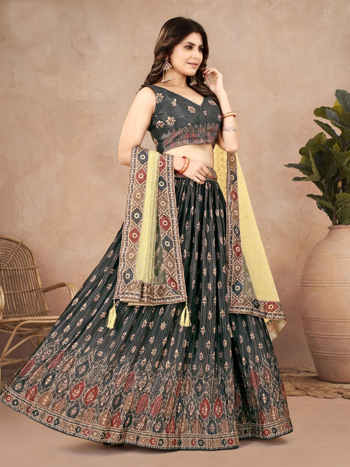 Stunning Black & Yellow Crushed Lehenga Choli with Digital Print and Latakan Embellishments