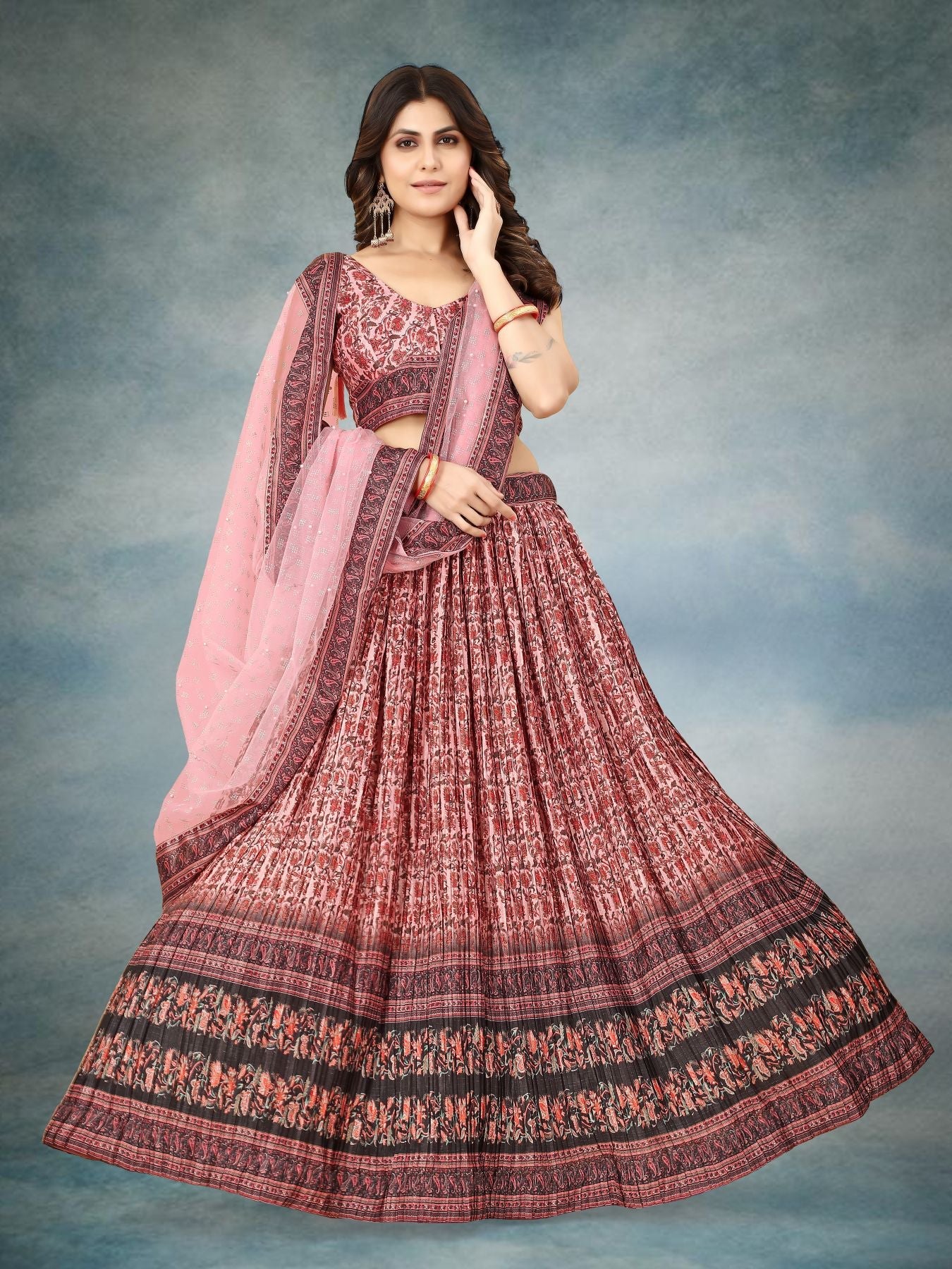 Pretty Pink Crushed Lehenga Choli: Digital Print, Patch Border, & Latakan Embellishments for Party & Wedding Wear!