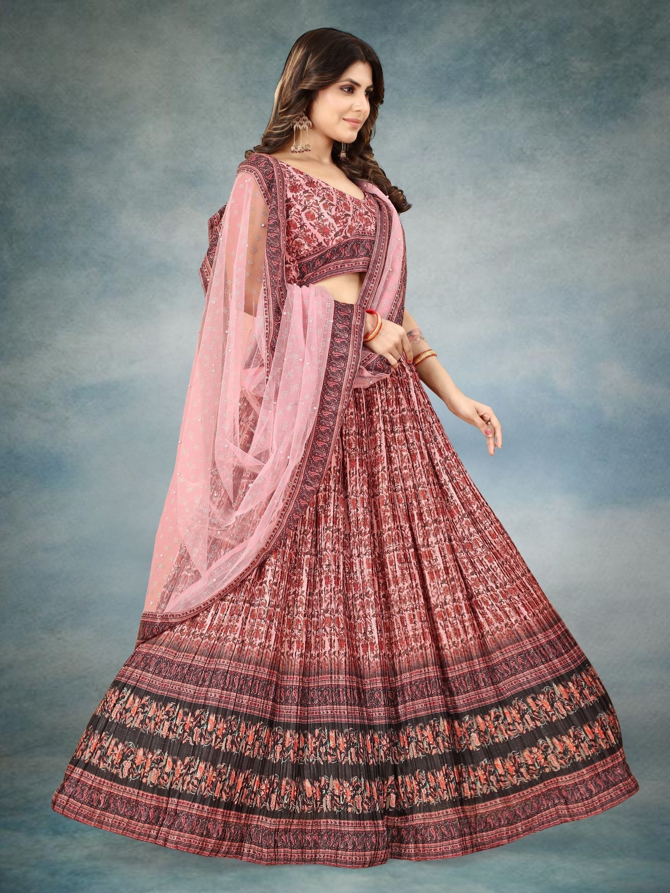 Pretty Pink Crushed Lehenga Choli: Digital Print, Patch Border, & Latakan Embellishments for Party & Wedding Wear!