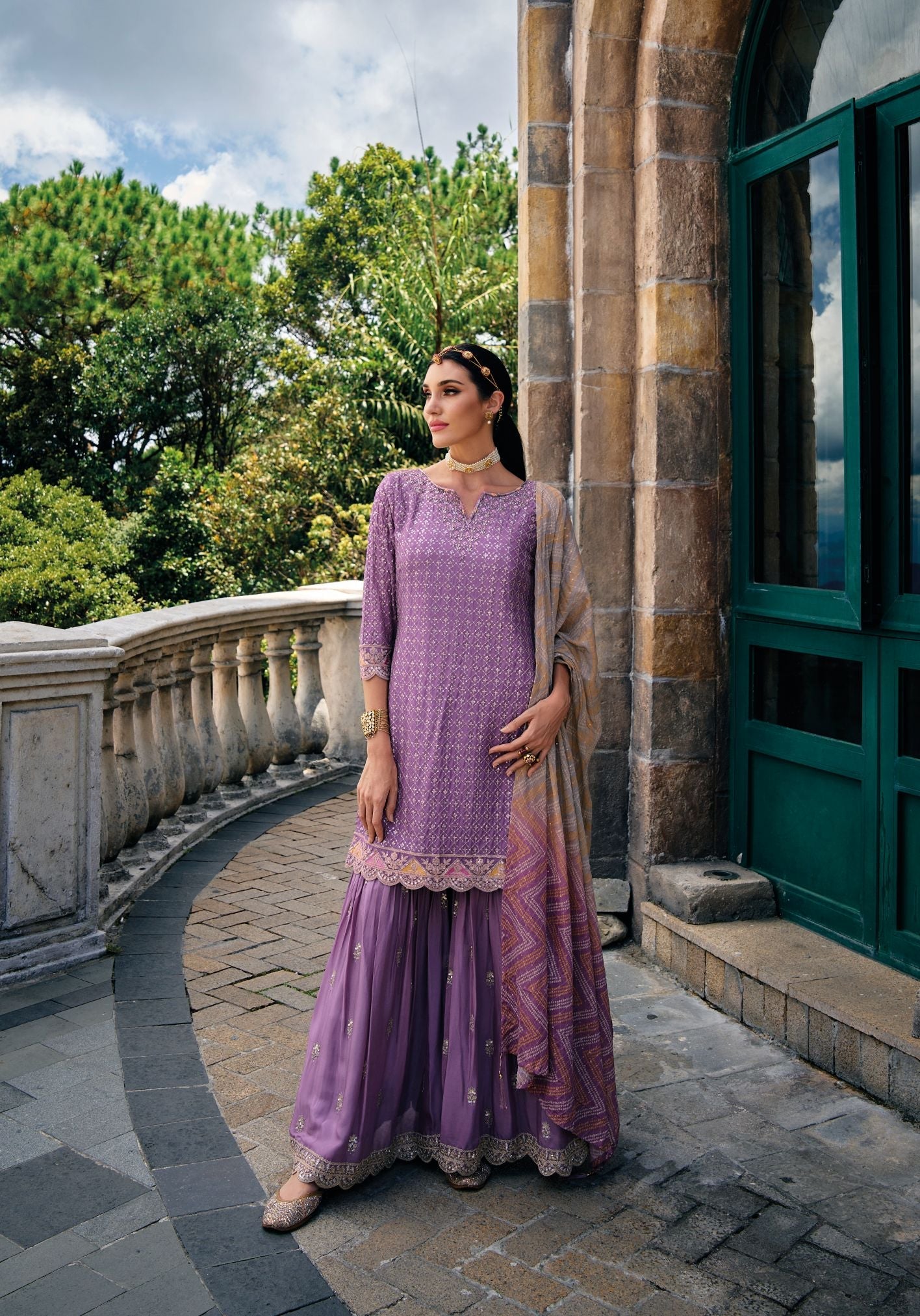 Lovender Elegance: Heavy Chinon and Embroidered Sharara Salwar Suit for Party & Wedding Wear