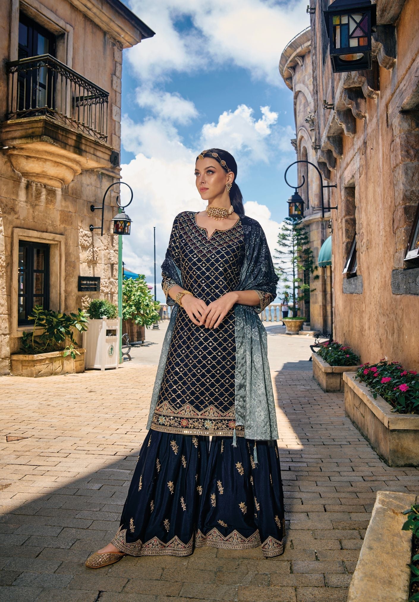 Elegant Black Sharara Salwar Suit: Exquisite Heavy Chinon Embroidery for Party & Wedding Wear