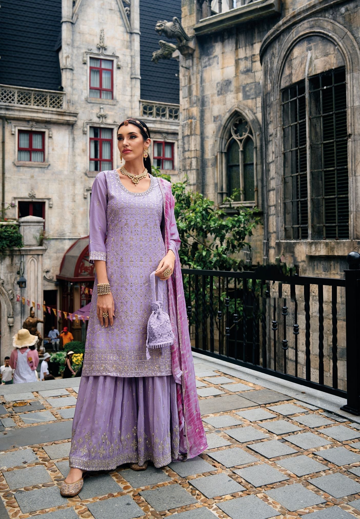 Lovely Lavender Sharara Salwar Suit: Exquisite Heavy Chinon Embroidery & Khatali Work for Party & Wedding Wear