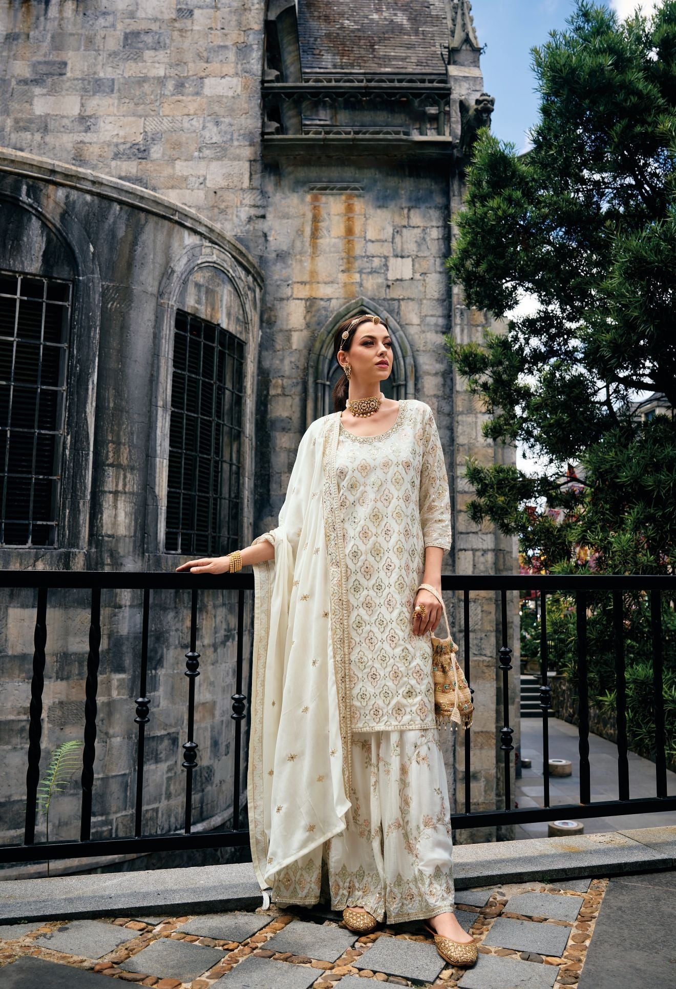 Elegant Cream Sharara Salwar Suit: Heavy Chinon Embroidery & Khatali Work for Party & Wedding Wear