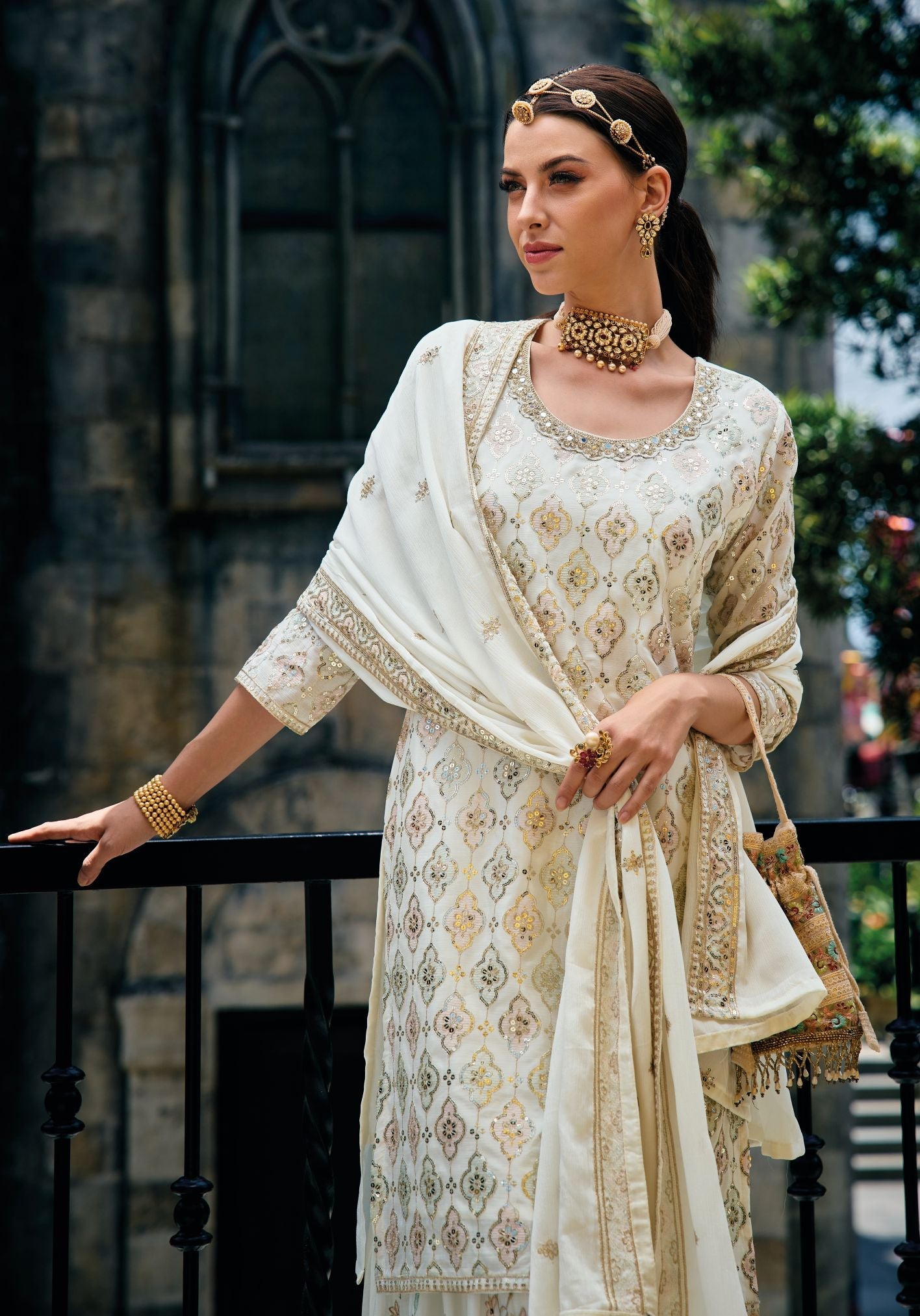 Elegant Cream Sharara Salwar Suit: Heavy Chinon Embroidery & Khatali Work for Party & Wedding Wear