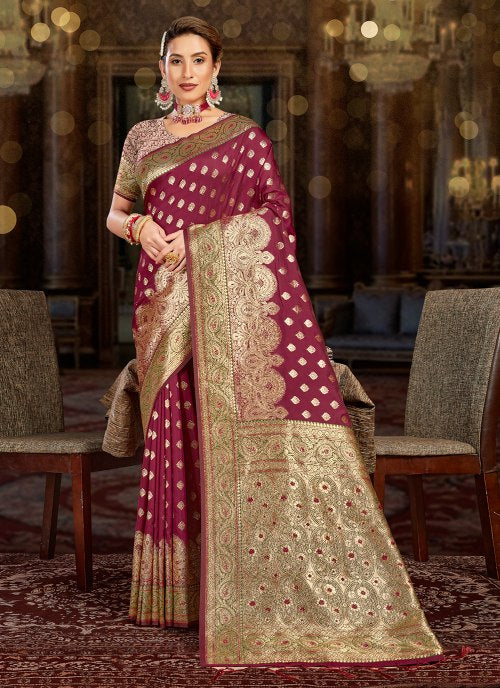 Elegant Crimson Embroidered Silk Saree for Weddings and Parties