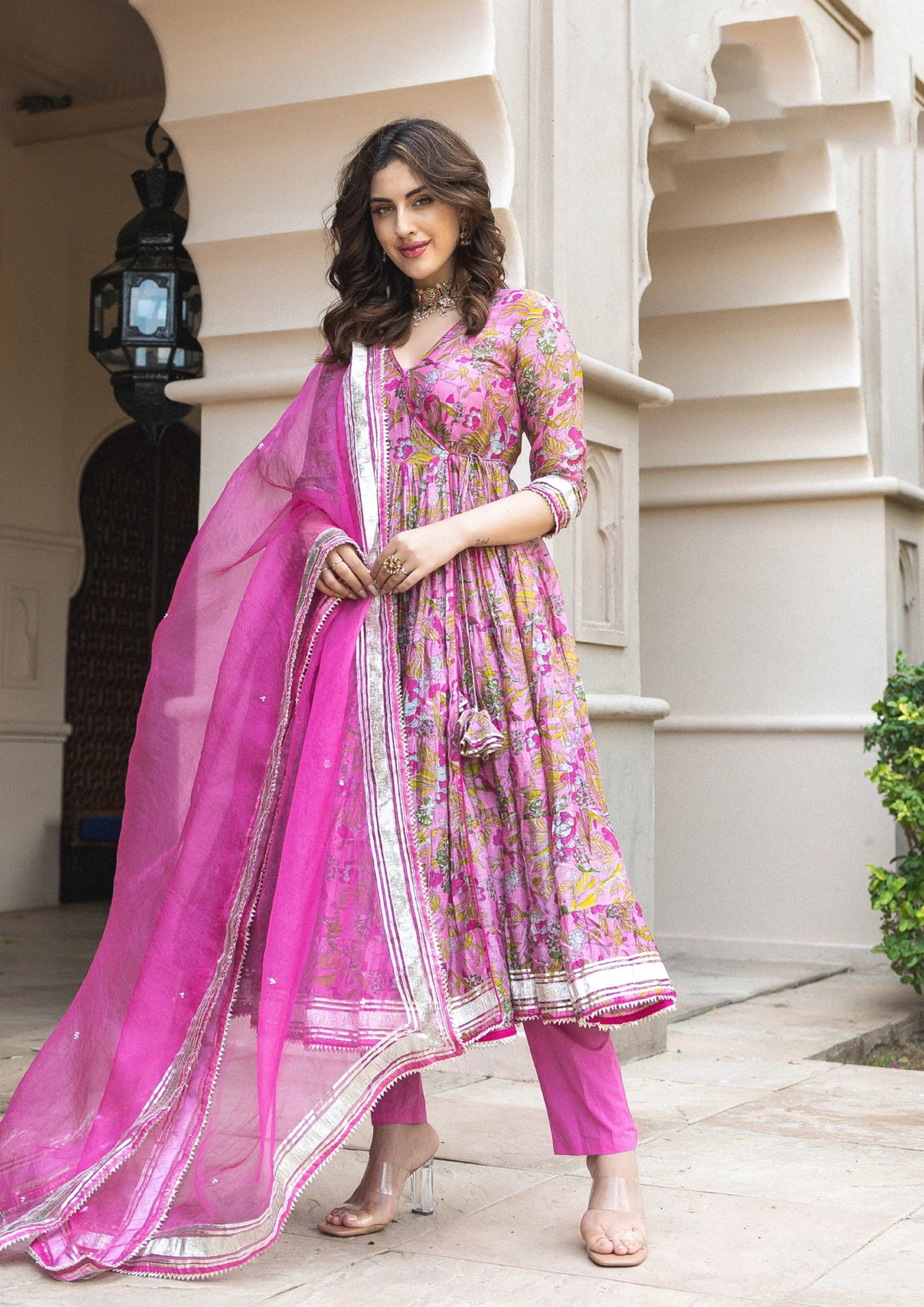 Pink Digital Printed Gown in Soft Chanderi Silk for Weddings and Parties