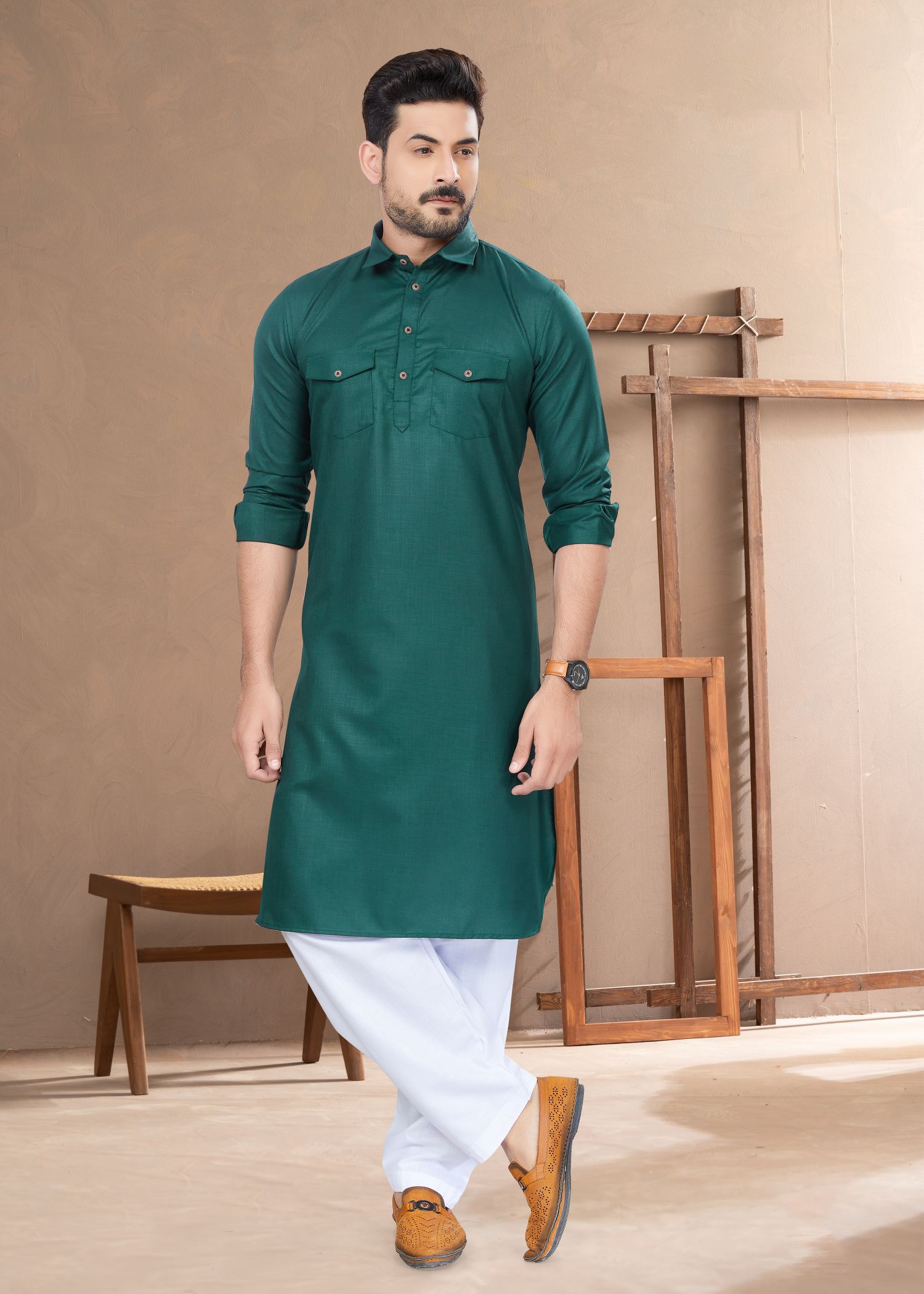 Elegant Green Cotton Pathani & Kurta: Perfect for Weddings and Parties