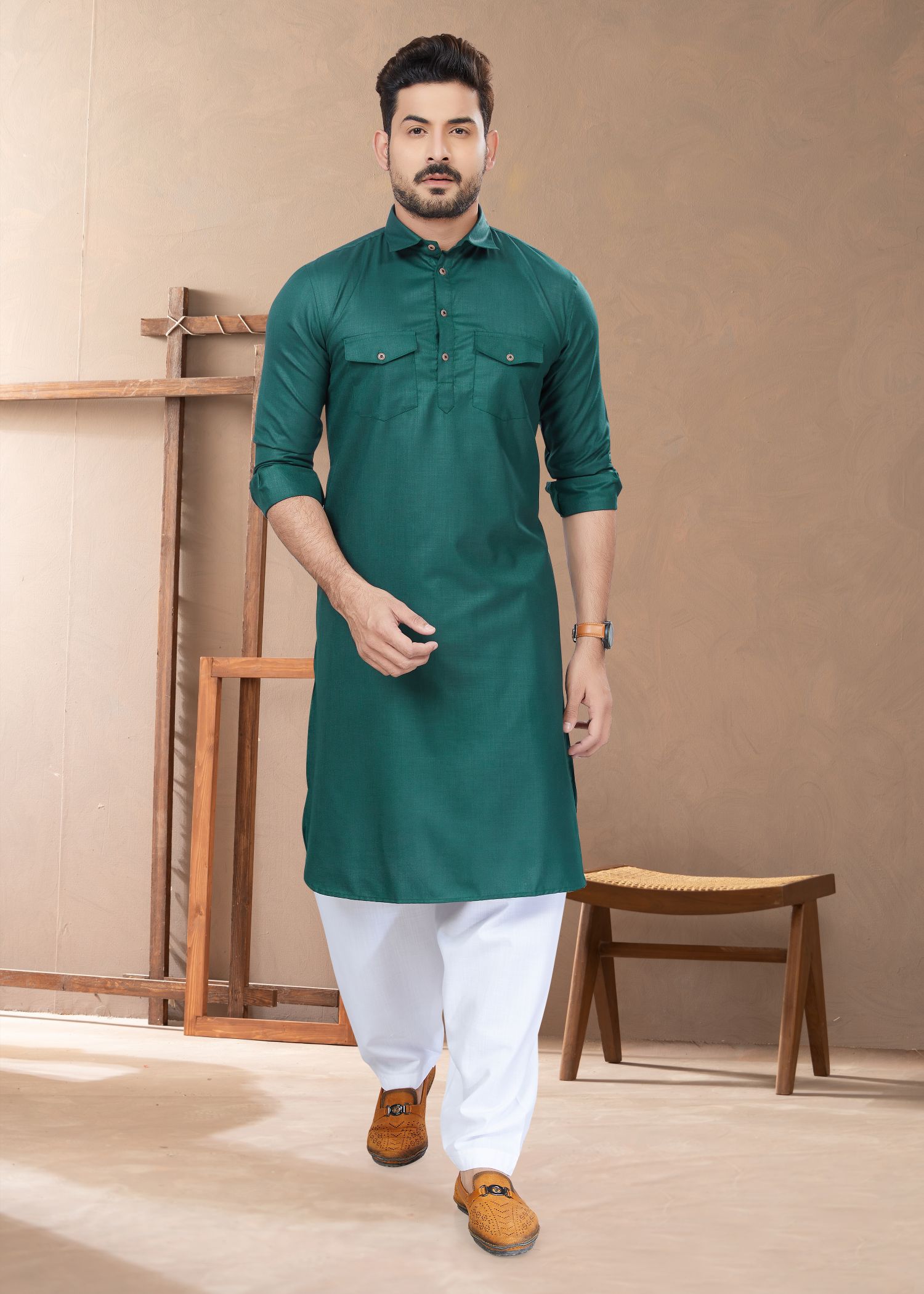 Elegant Green Cotton Pathani & Kurta: Perfect for Weddings and Parties