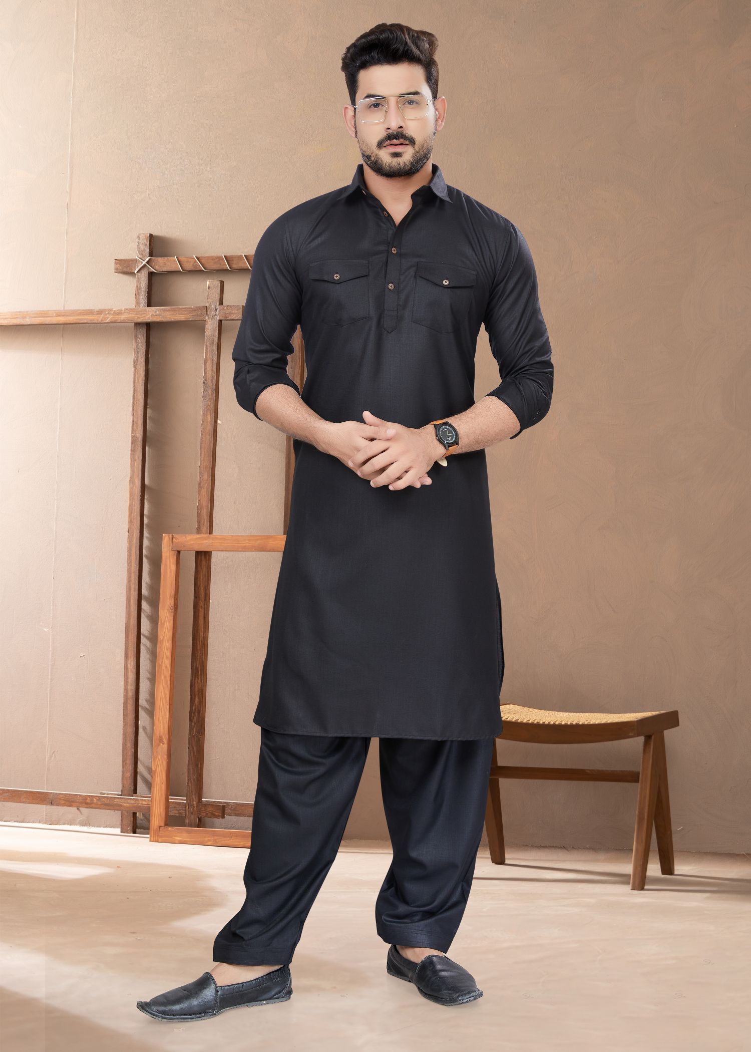 Elegant Black Cotton Pathani & Kurta: Perfect Attire for Weddings and Parties