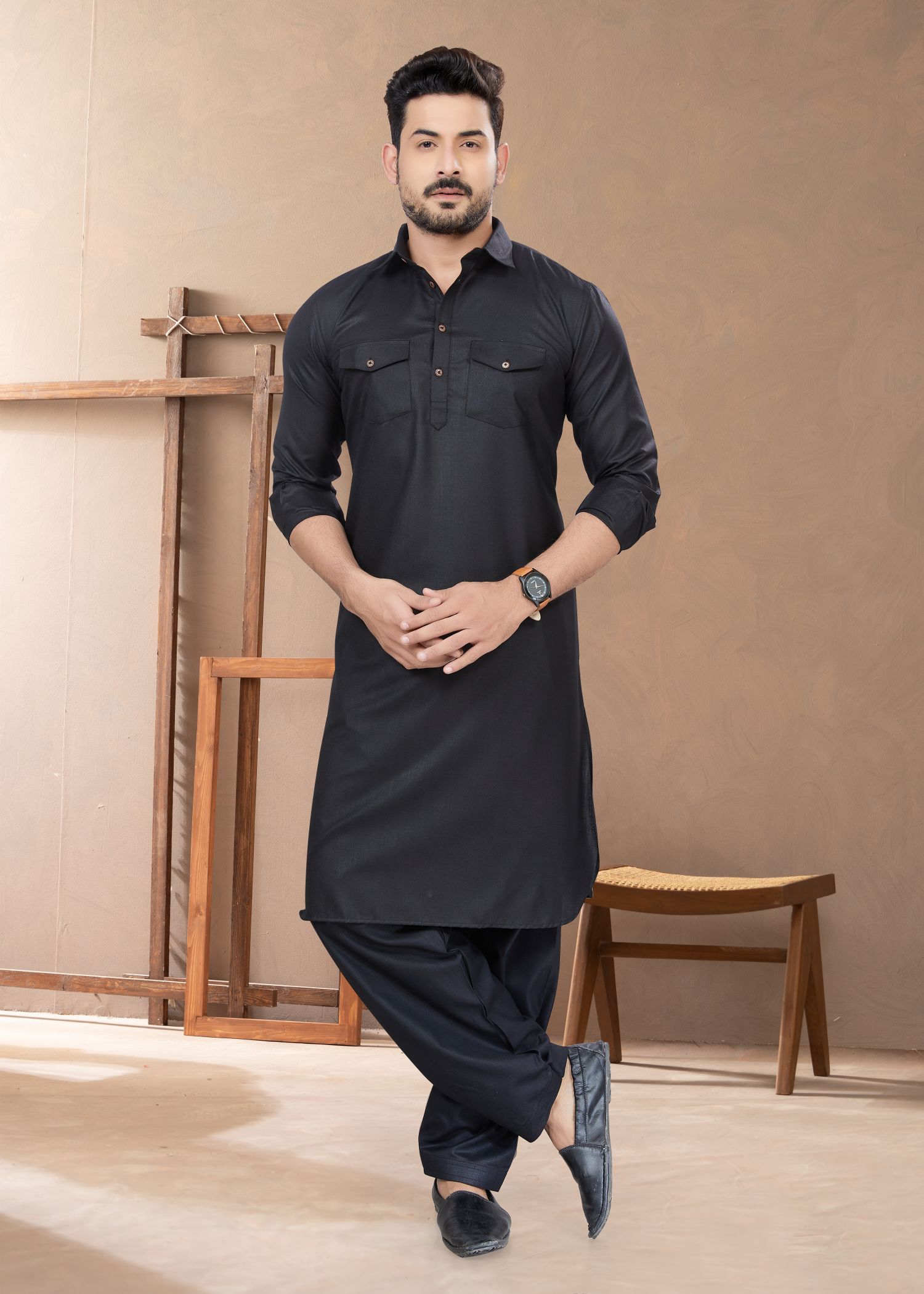 Elegant Black Cotton Pathani & Kurta: Perfect Attire for Weddings and Parties