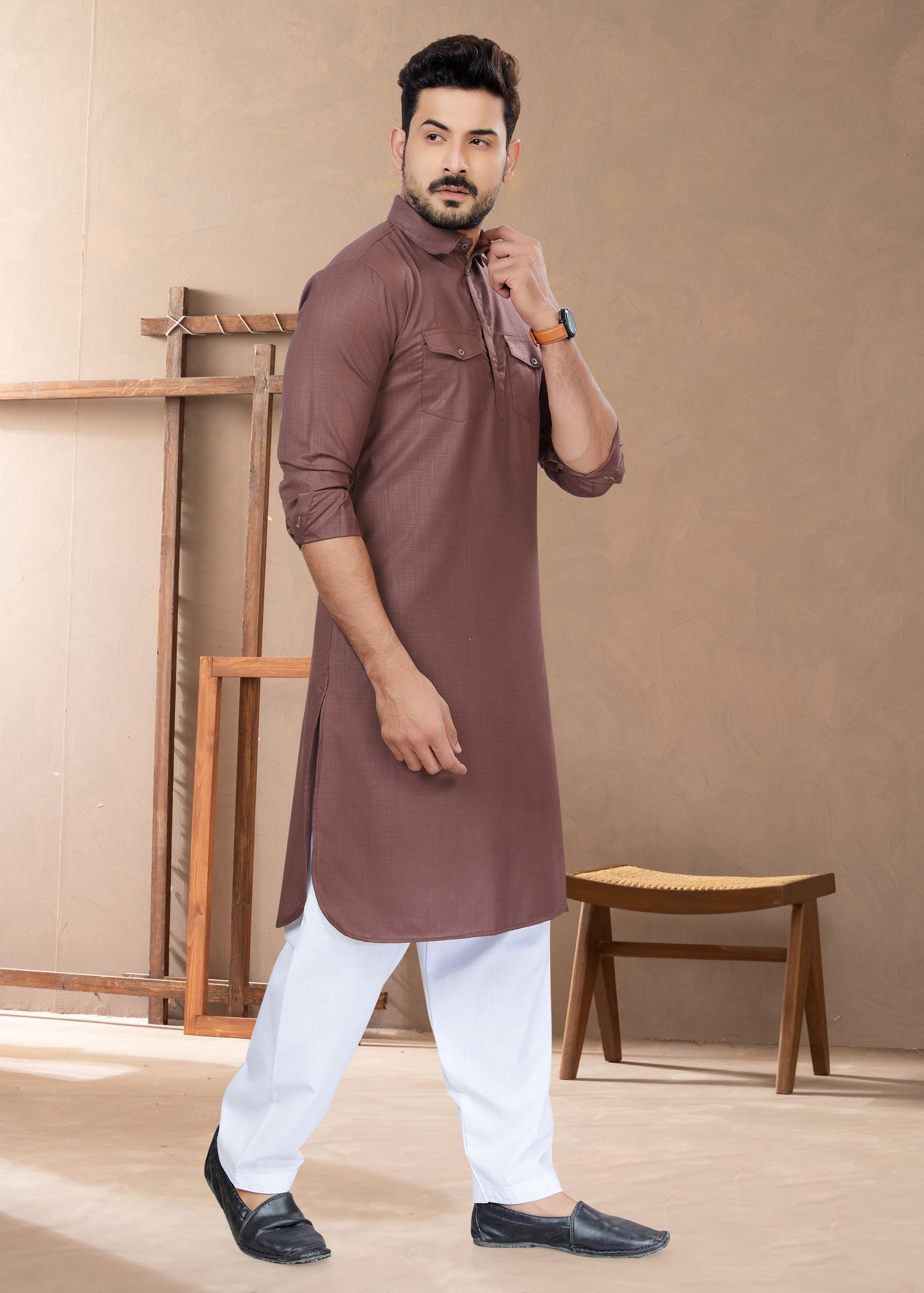 Elegant Light Brown Cotton Pathani & Kurta: Perfect for Weddings and Parties