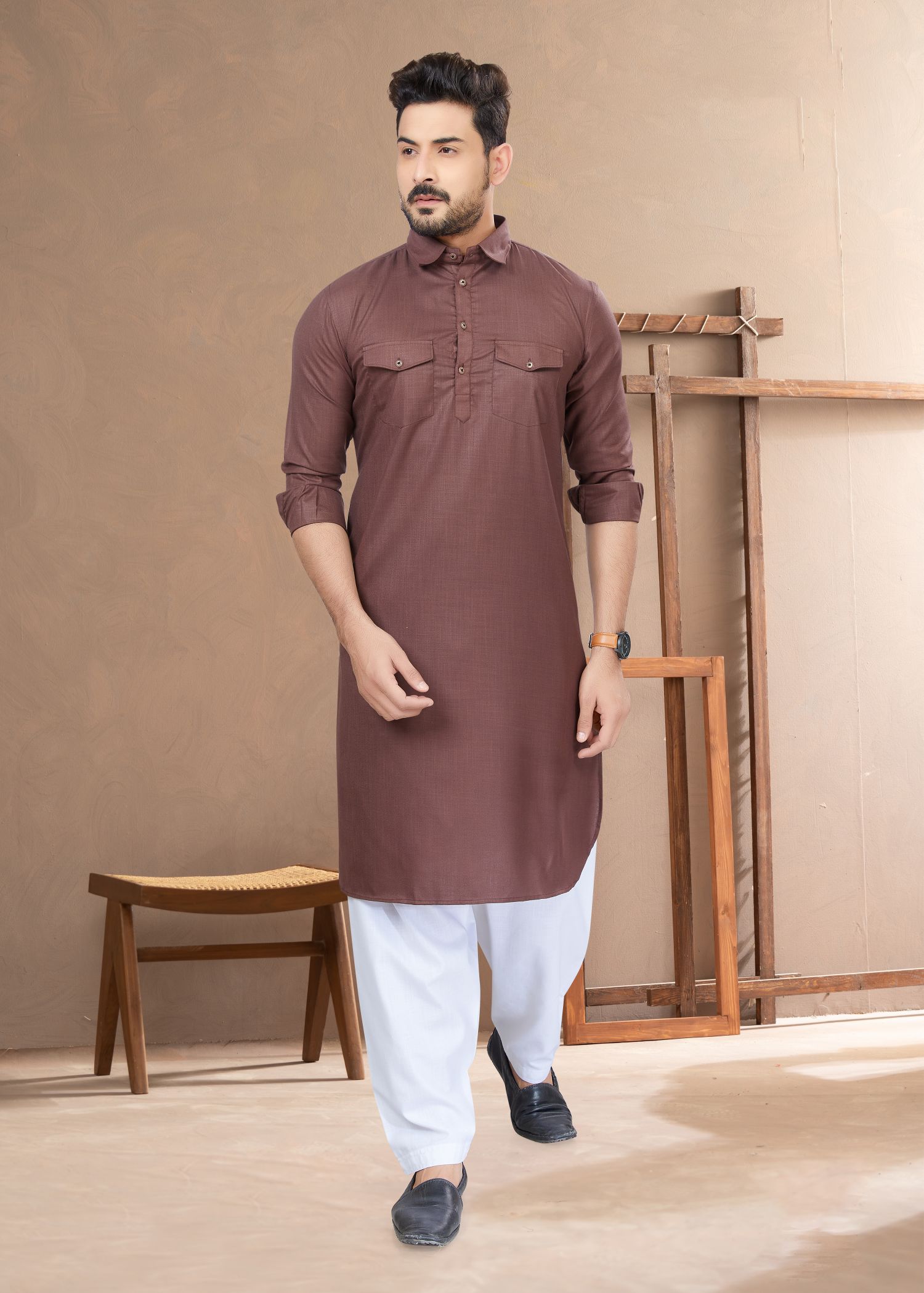 Elegant Light Brown Cotton Pathani & Kurta: Perfect for Weddings and Parties