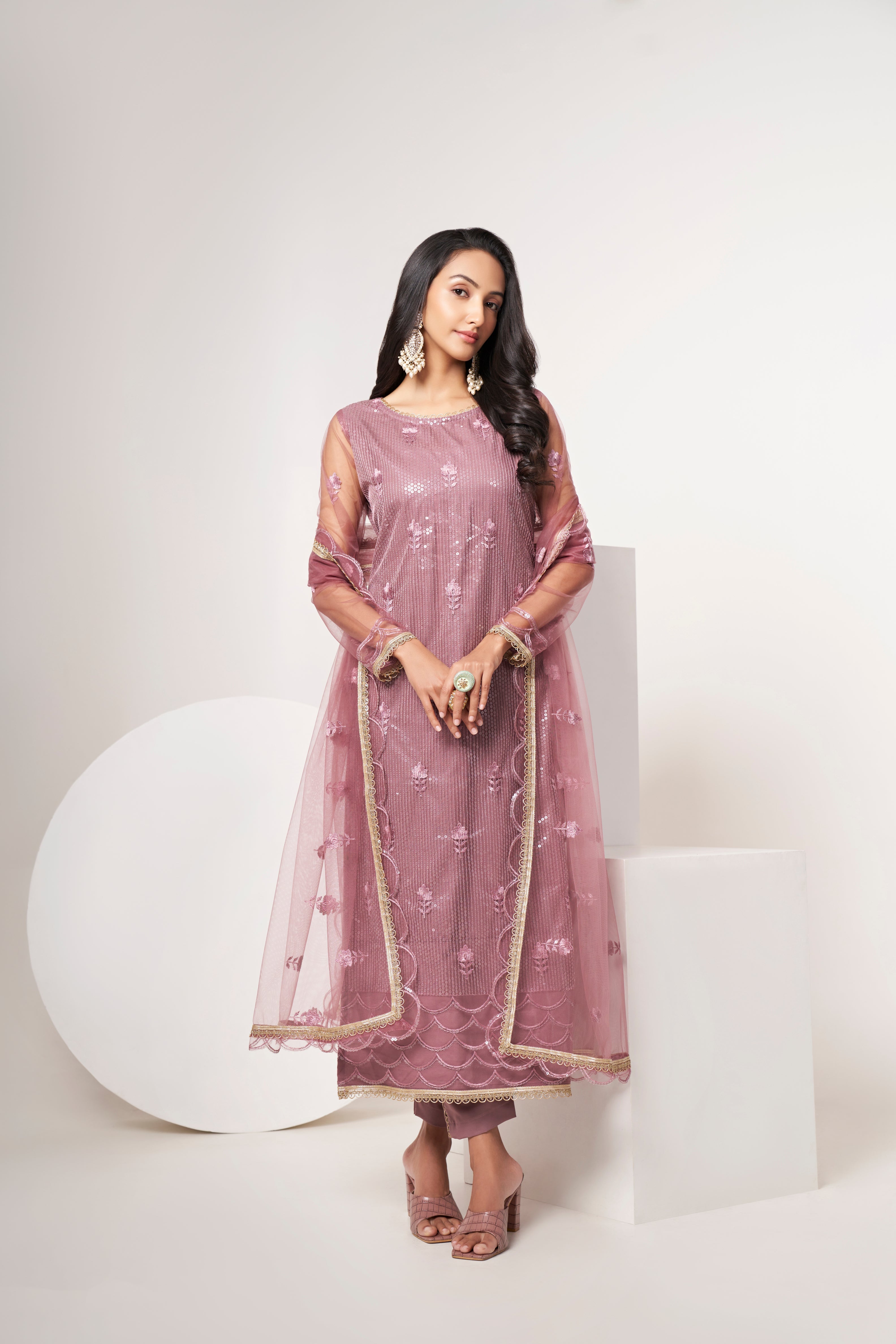 Elegant Pink Butterfly Net Salwar Suit with Thread and Sequence Embroidery