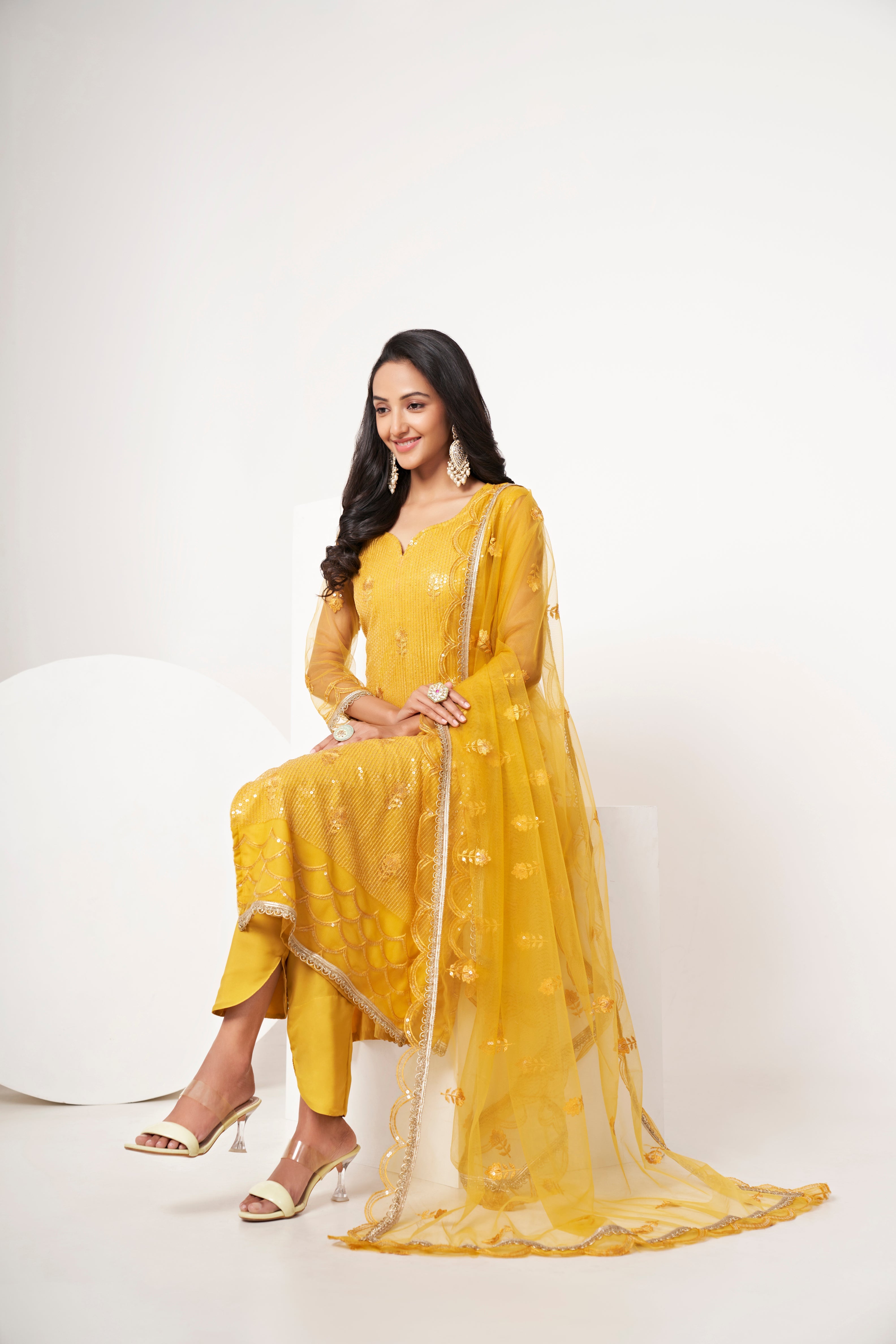 Yellow Butterfly Net Salwar Suit with Tone-to-Tone Thread & Sequin Embroidery for Weddings & Parties