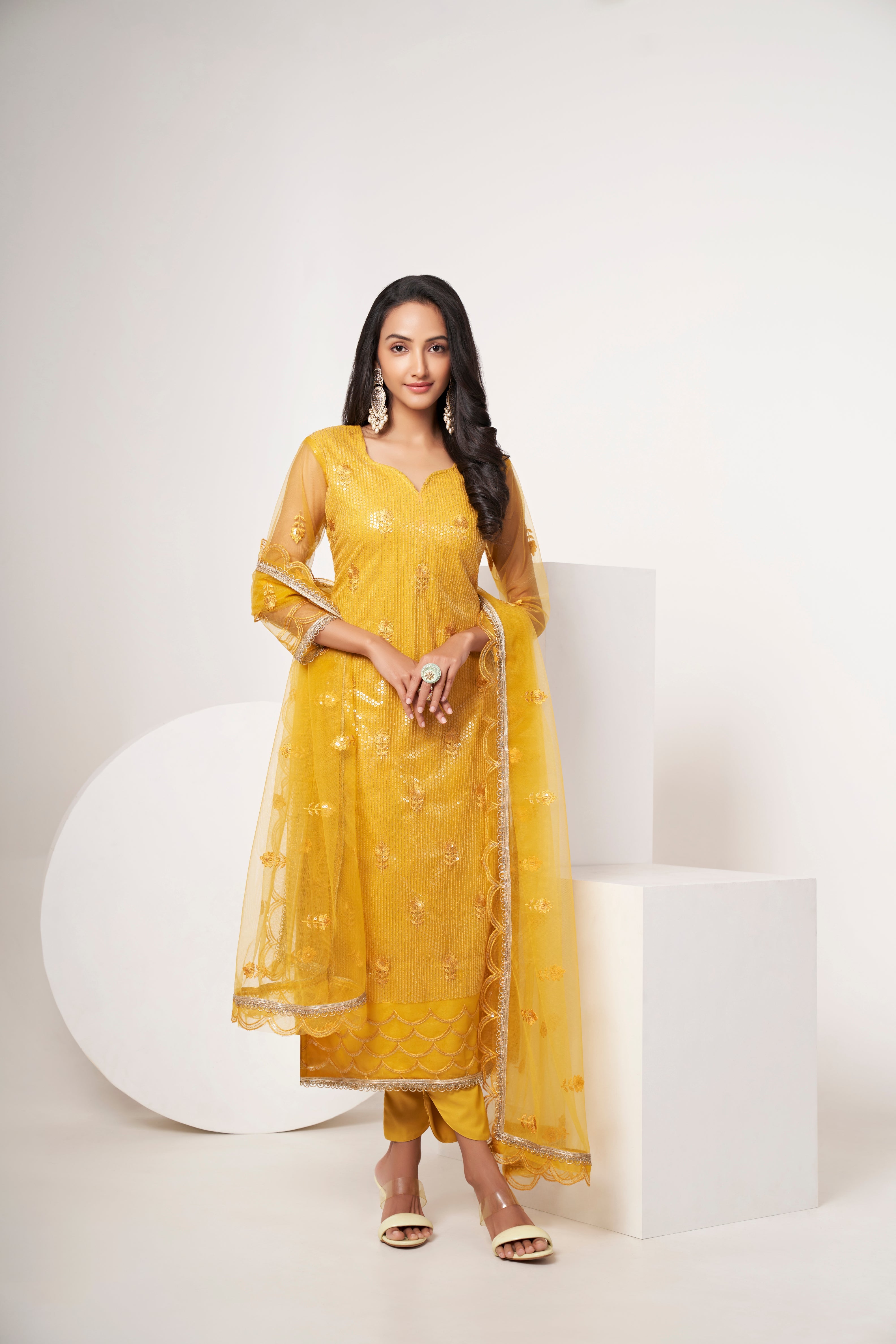 Yellow Butterfly Net Salwar Suit with Tone-to-Tone Thread & Sequin Embroidery for Weddings & Parties