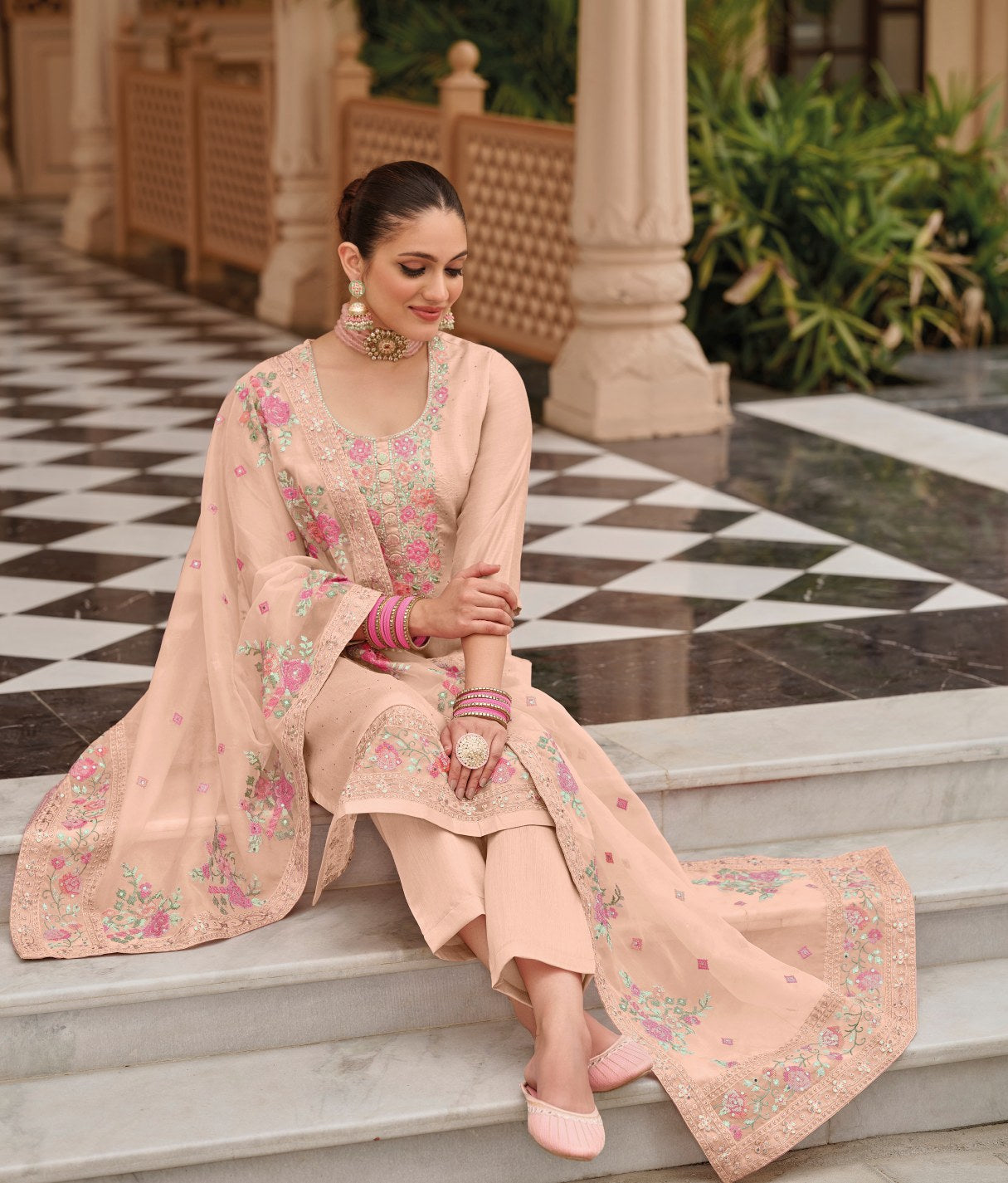 Elegant Cream Maheshwari Silk Salwar Suit with Rich Embroidery for Party & Wedding