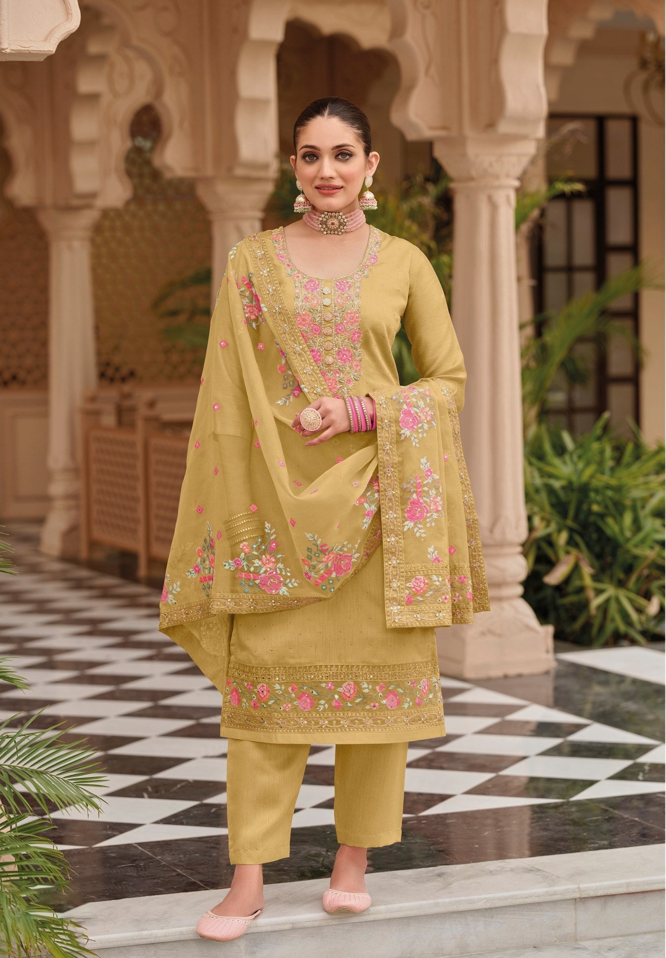 Elegant Light Yellow Salwar Suit: Maheshwari Viscose Silk with Intricate Embroidery for Party and Wedding Wear