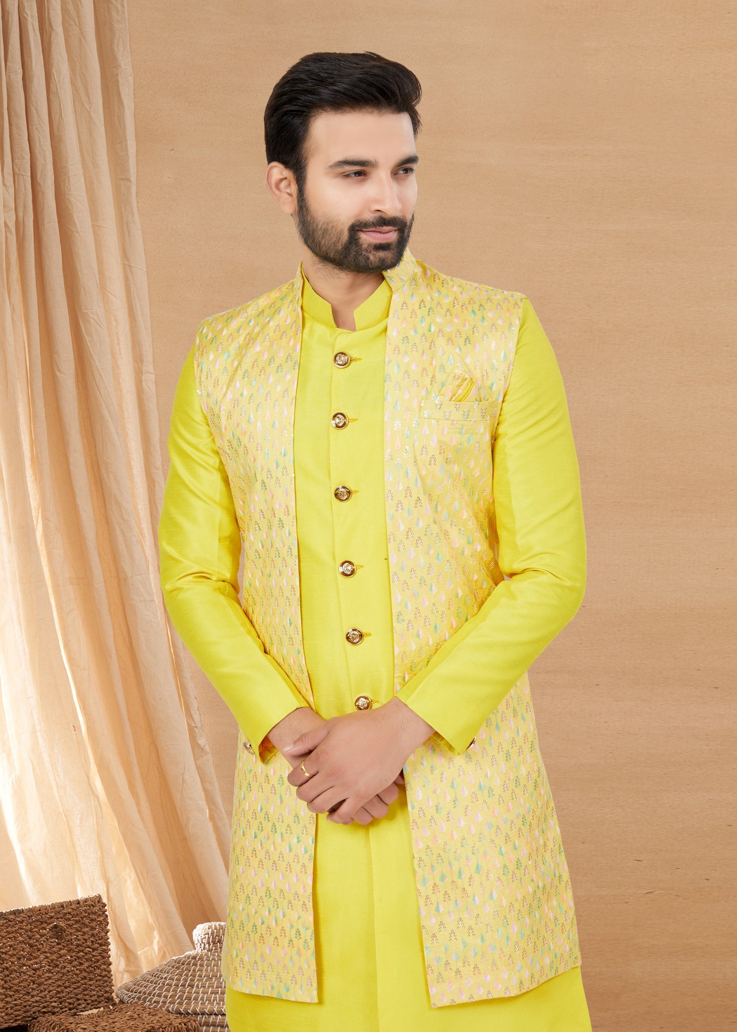 Yellow Indo Western Sherwani Men's Kurta with Stunning Embroidery