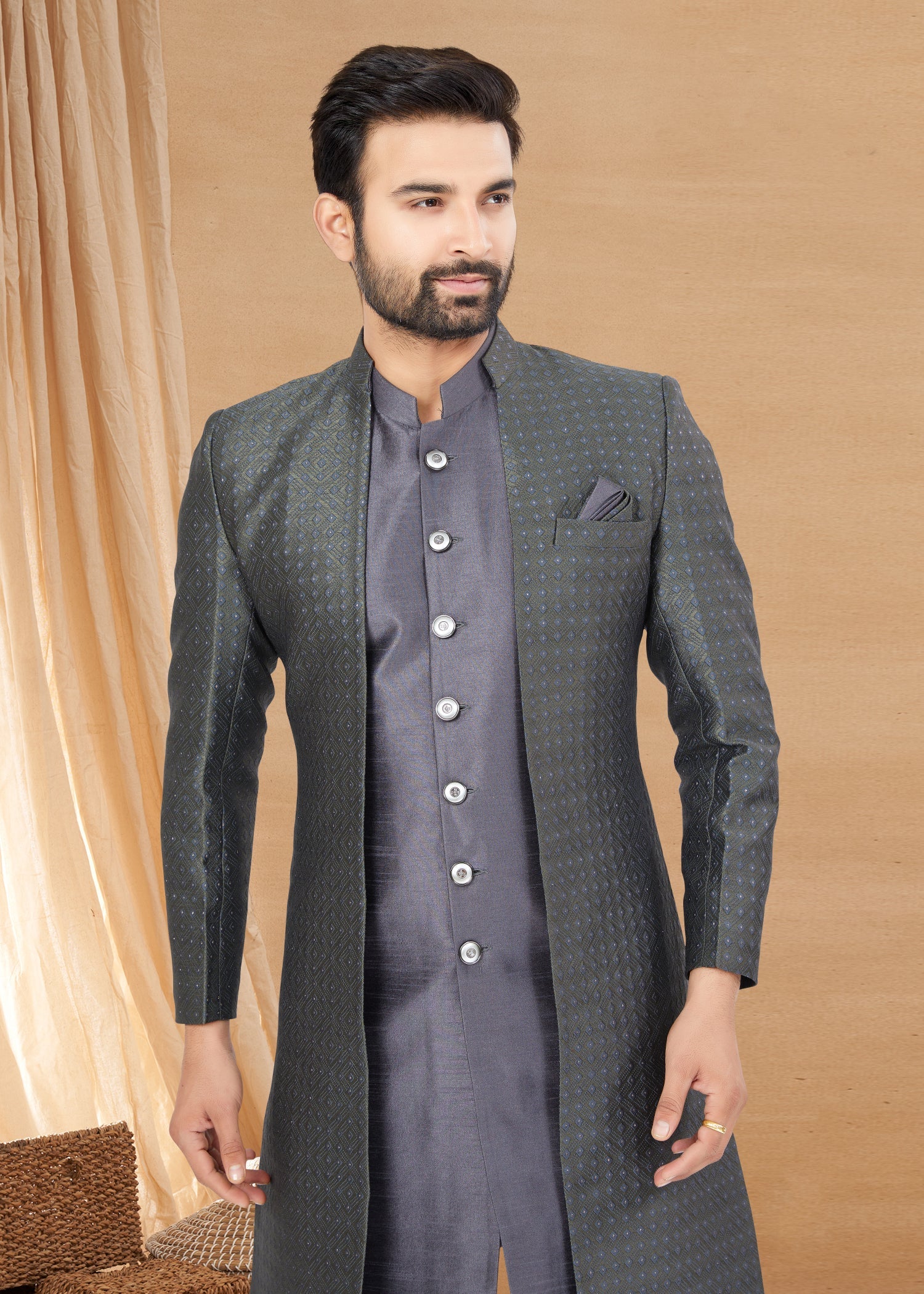 Elegant Blue Jequard Work Indo Western & Sherwani Men's Kurta