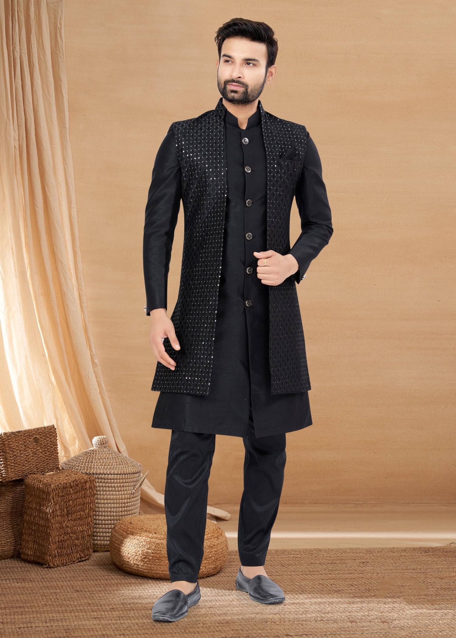 Black Indo Western & Sherwani Men's Kurta with Mirror & Sequence Work