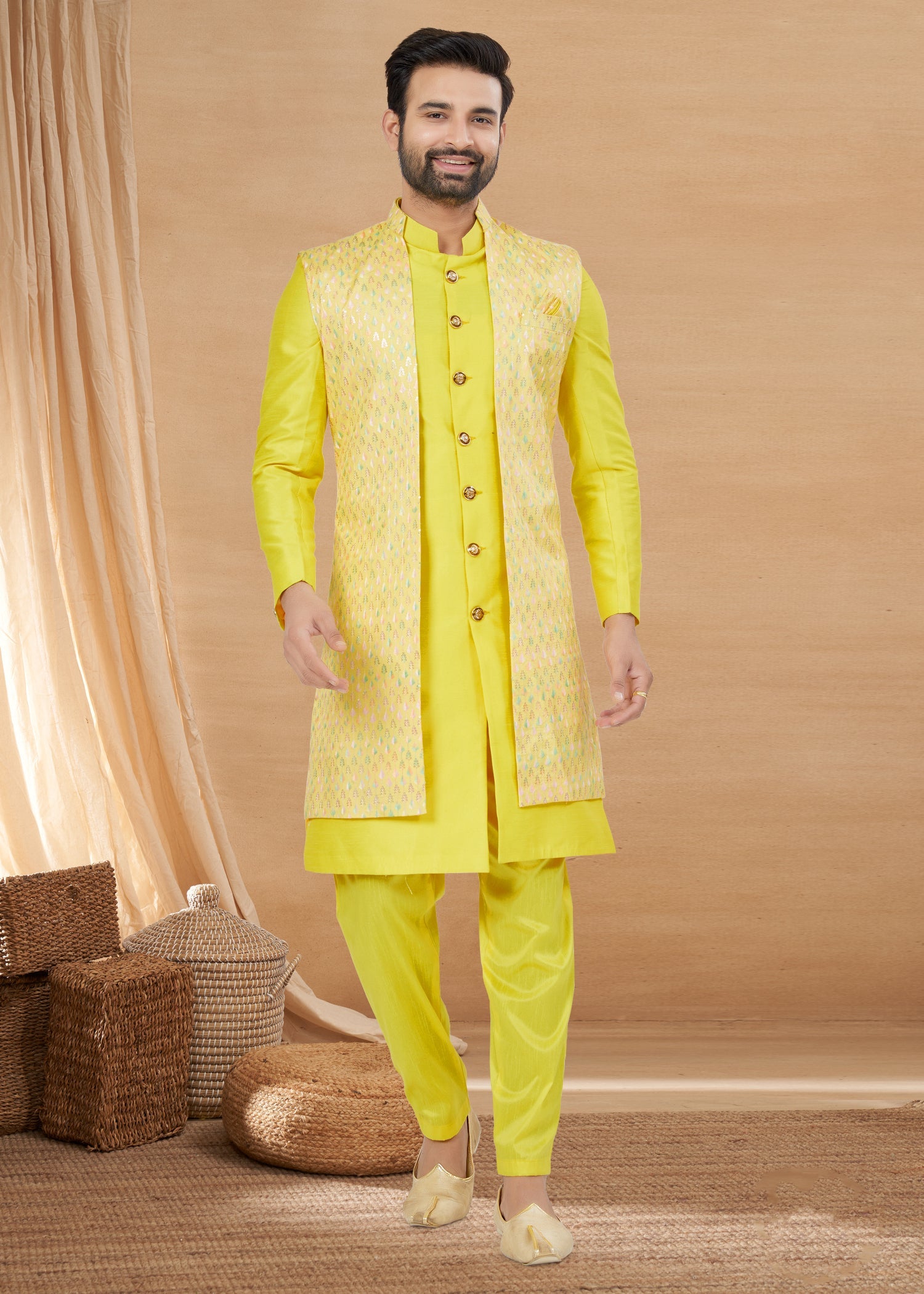 Yellow Indo Western Sherwani Men's Kurta with Stunning Embroidery