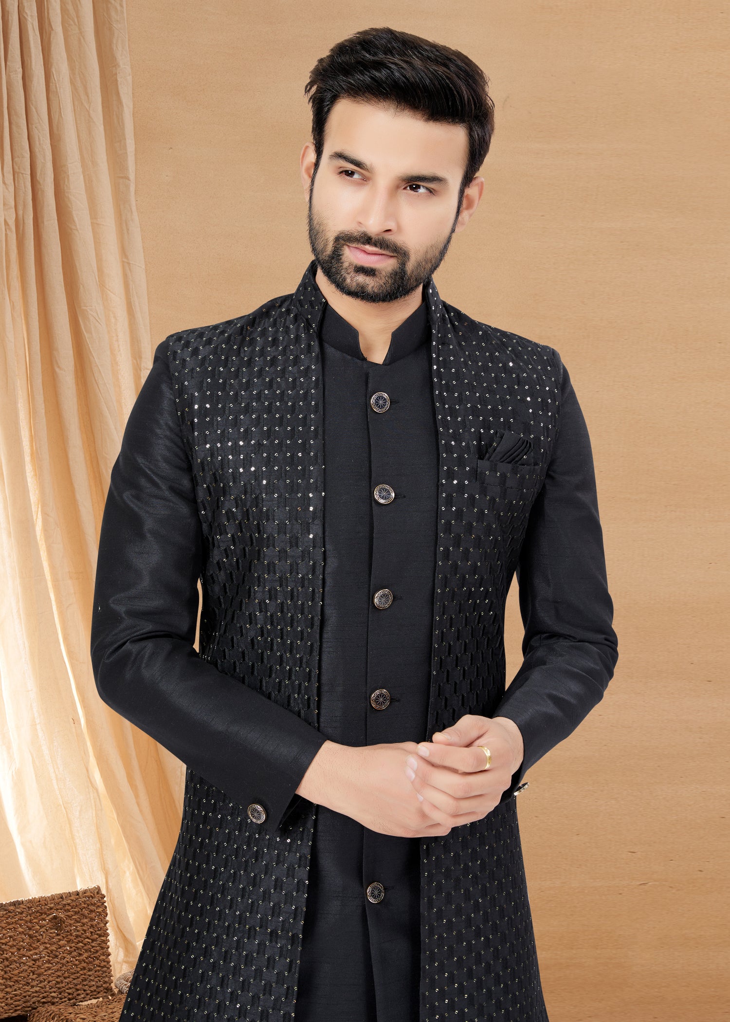 Black Indo Western & Sherwani Men's Kurta with Mirror & Sequence Work